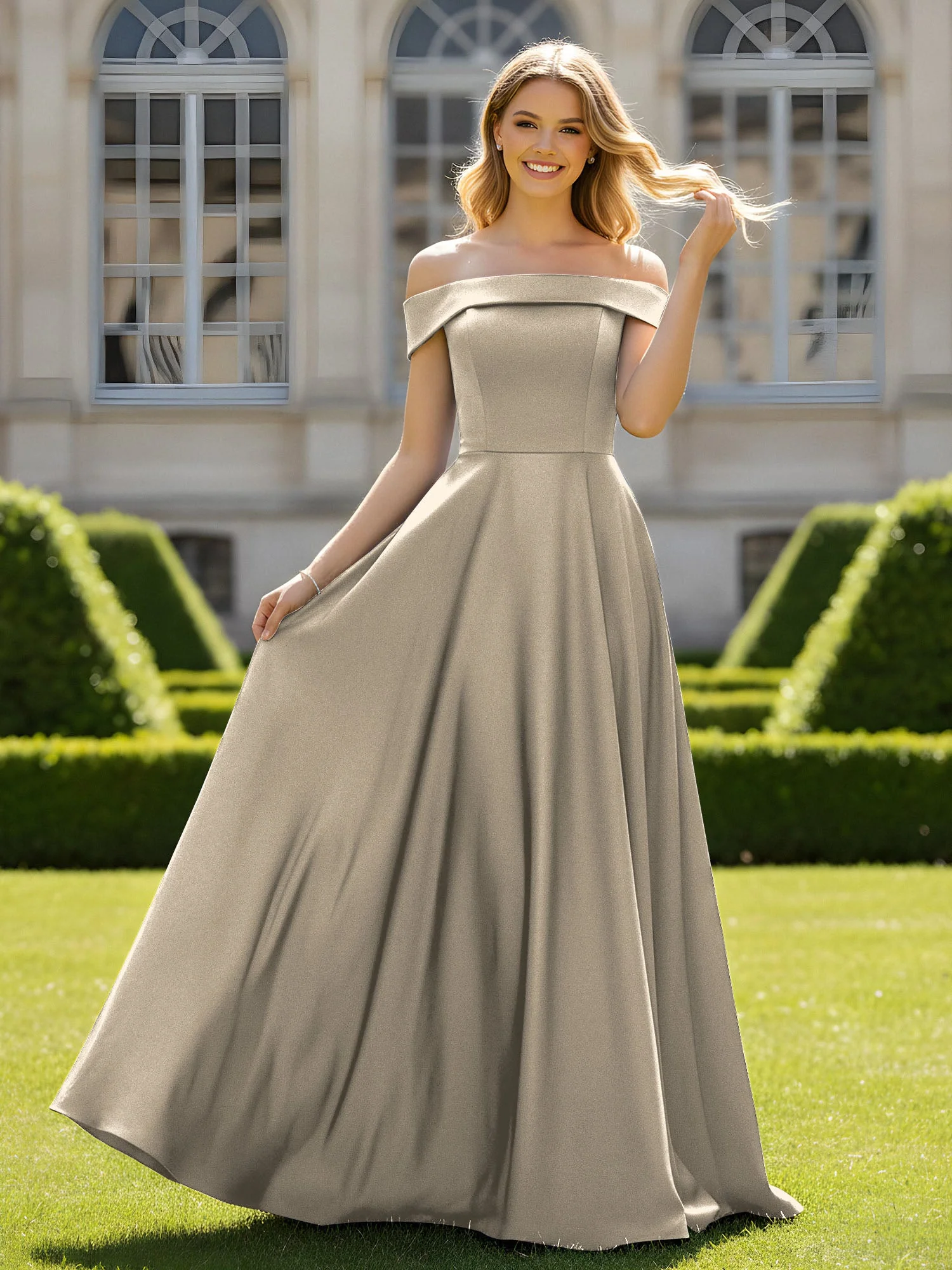 Schulterfrei A-Linie Satin Minimal Kleid Taupe
