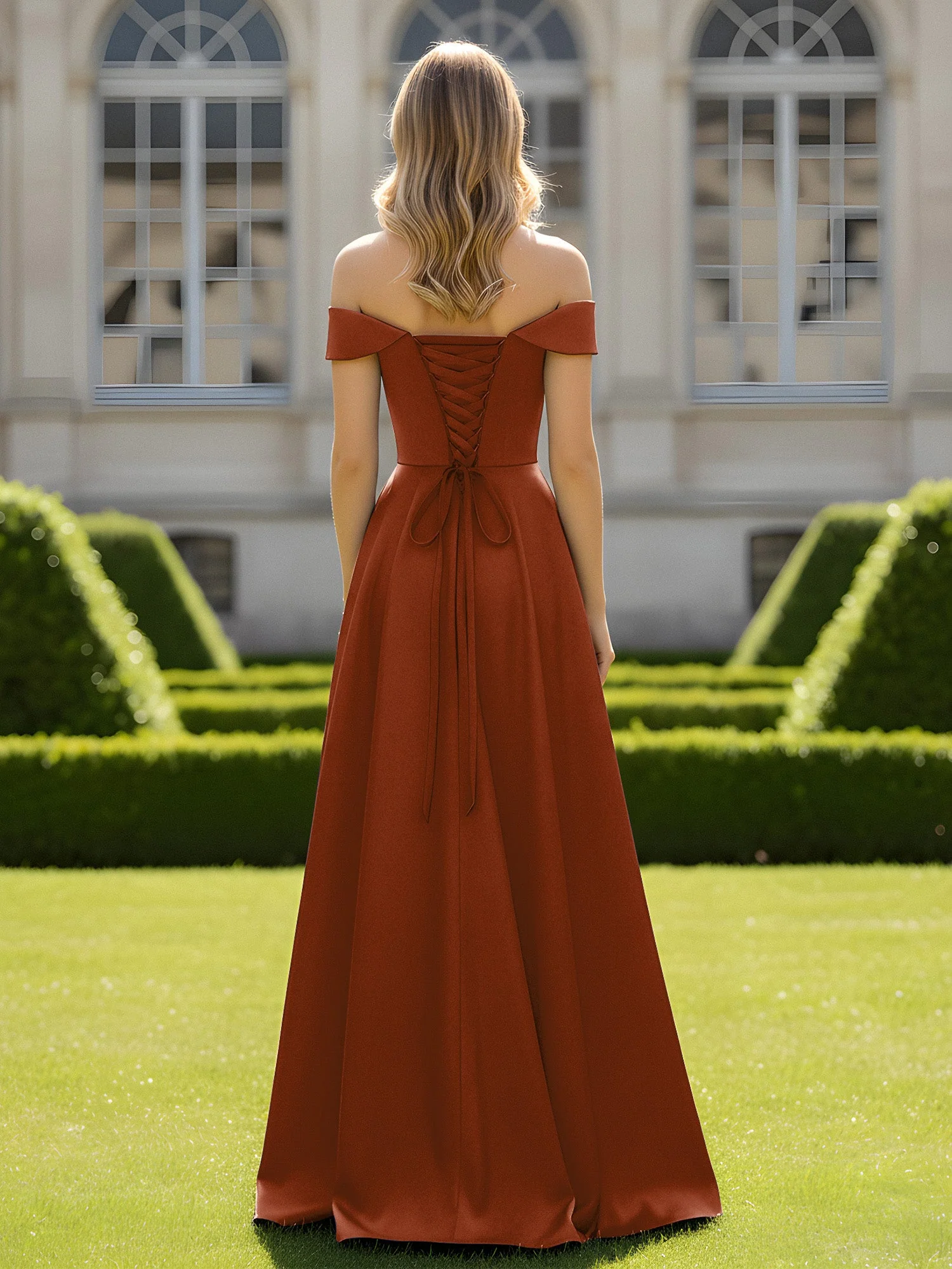 Schulterfrei A-Linie Satin Minimal Kleid Terrakotta - Image 2