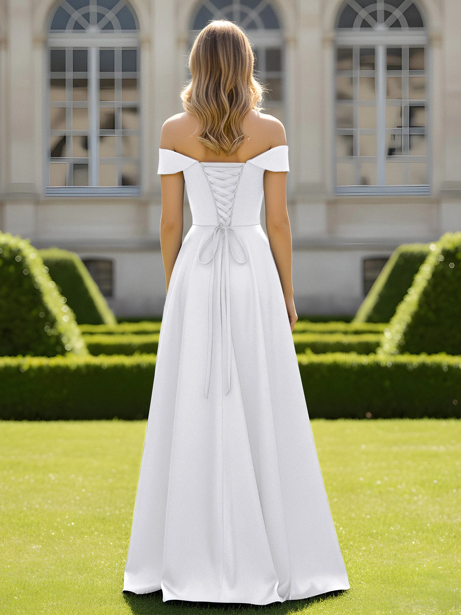 Schulterfrei A-Linie Satin Minimal Kleid Weiß - Image 2