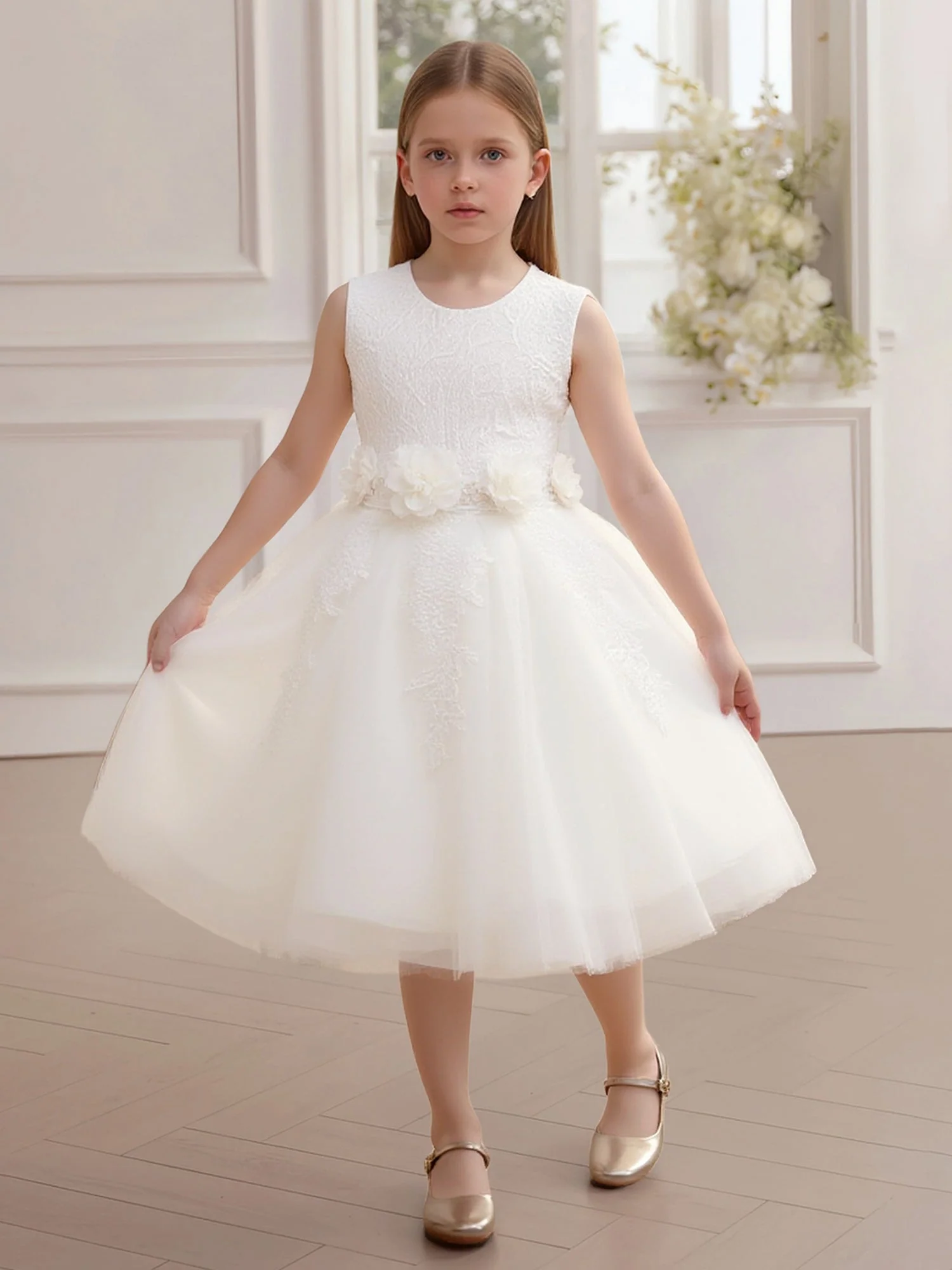 Rundhals Groß Schleife Rücken Applique Rock Blumenmädchen Kleid Elfenbein