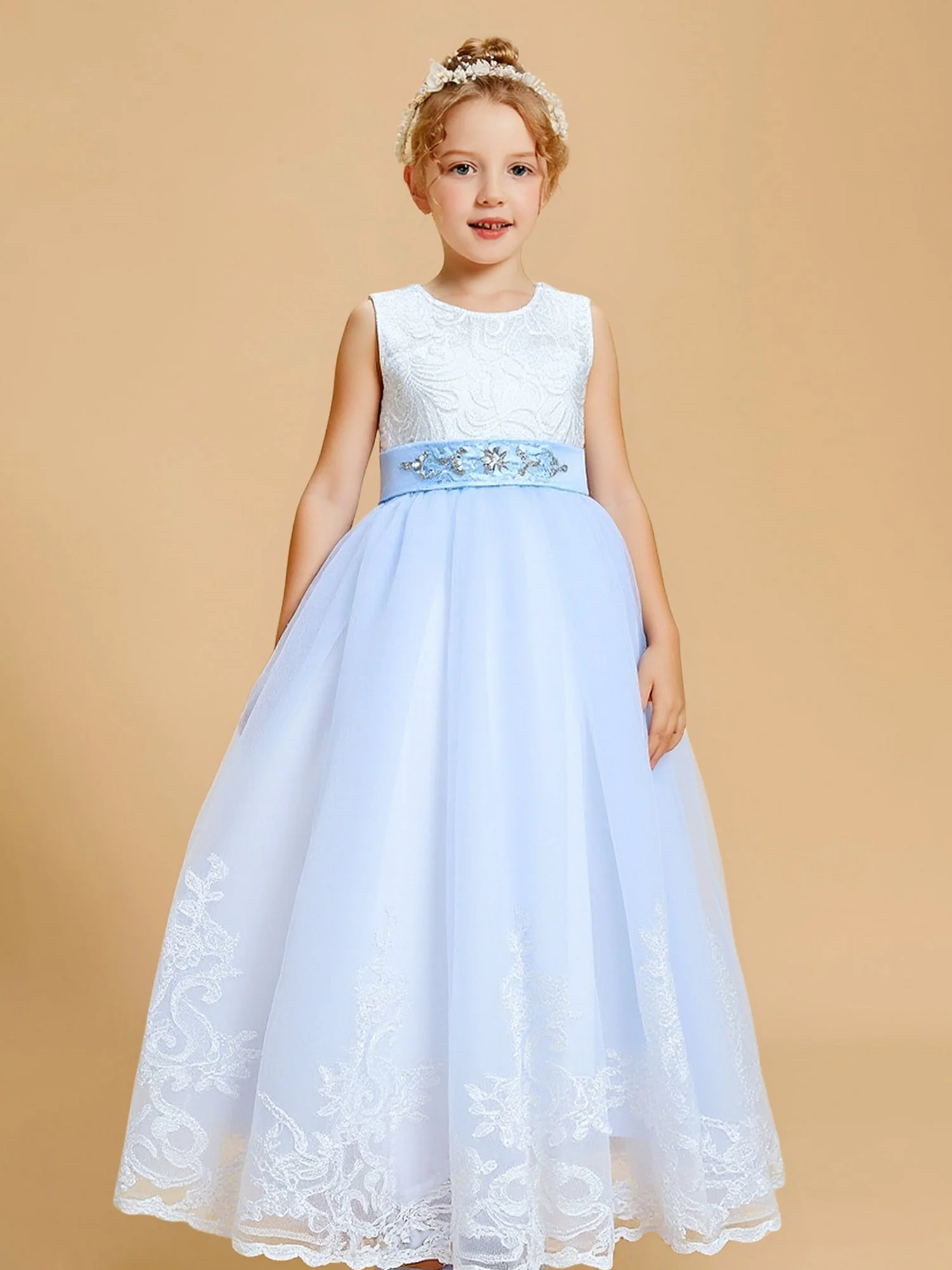 Spitze Oberteil Schmuck Gürtel Stufig Schleife Blumenmädchen Kleid Himmelblau