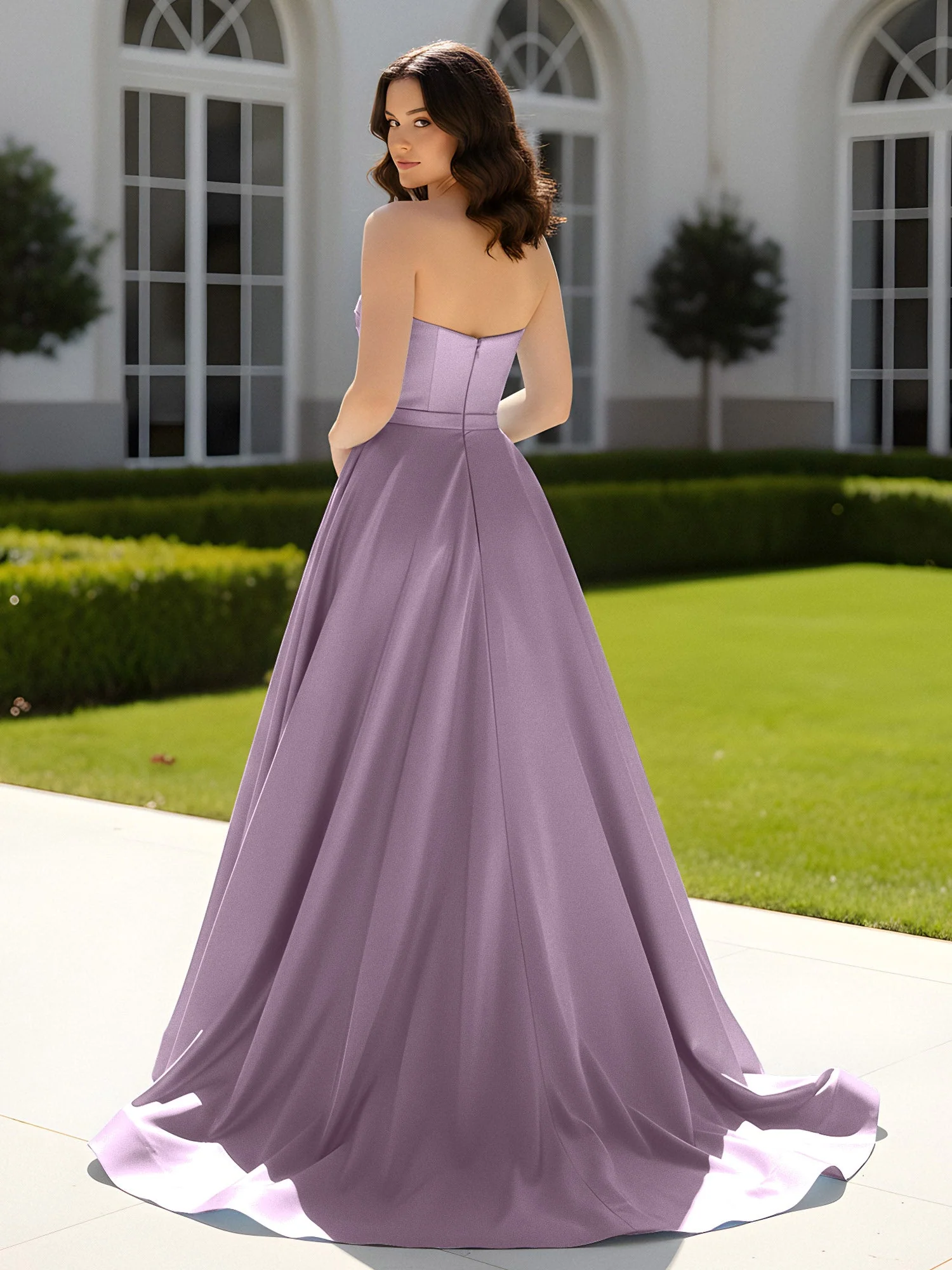 Plissee Herzform Satin Ballkleid mit Schleppe Blauregen - Image 2