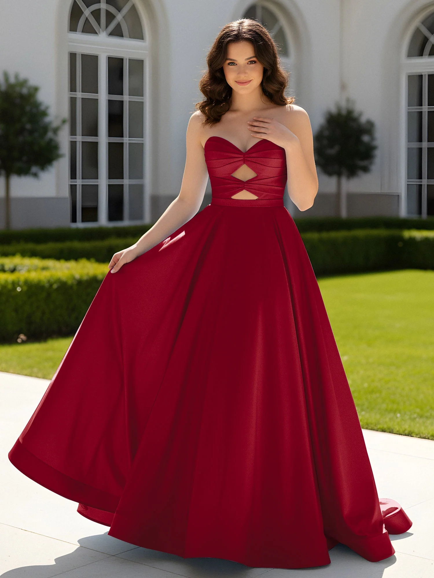 Plissee Herzform Satin Ballkleid mit Schleppe Burgunderrot