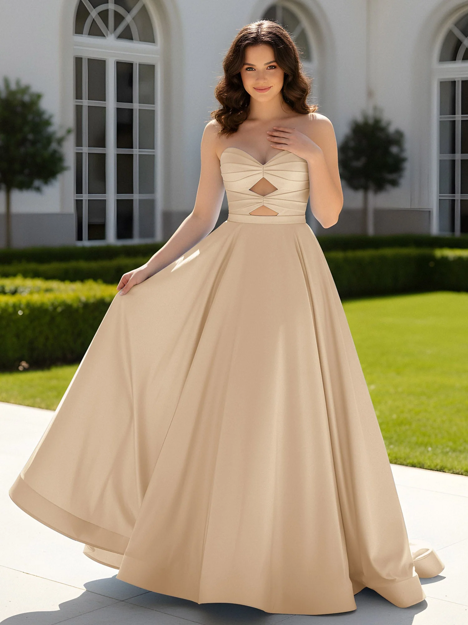 Plissee Herzform Satin Ballkleid mit Schleppe Champagner