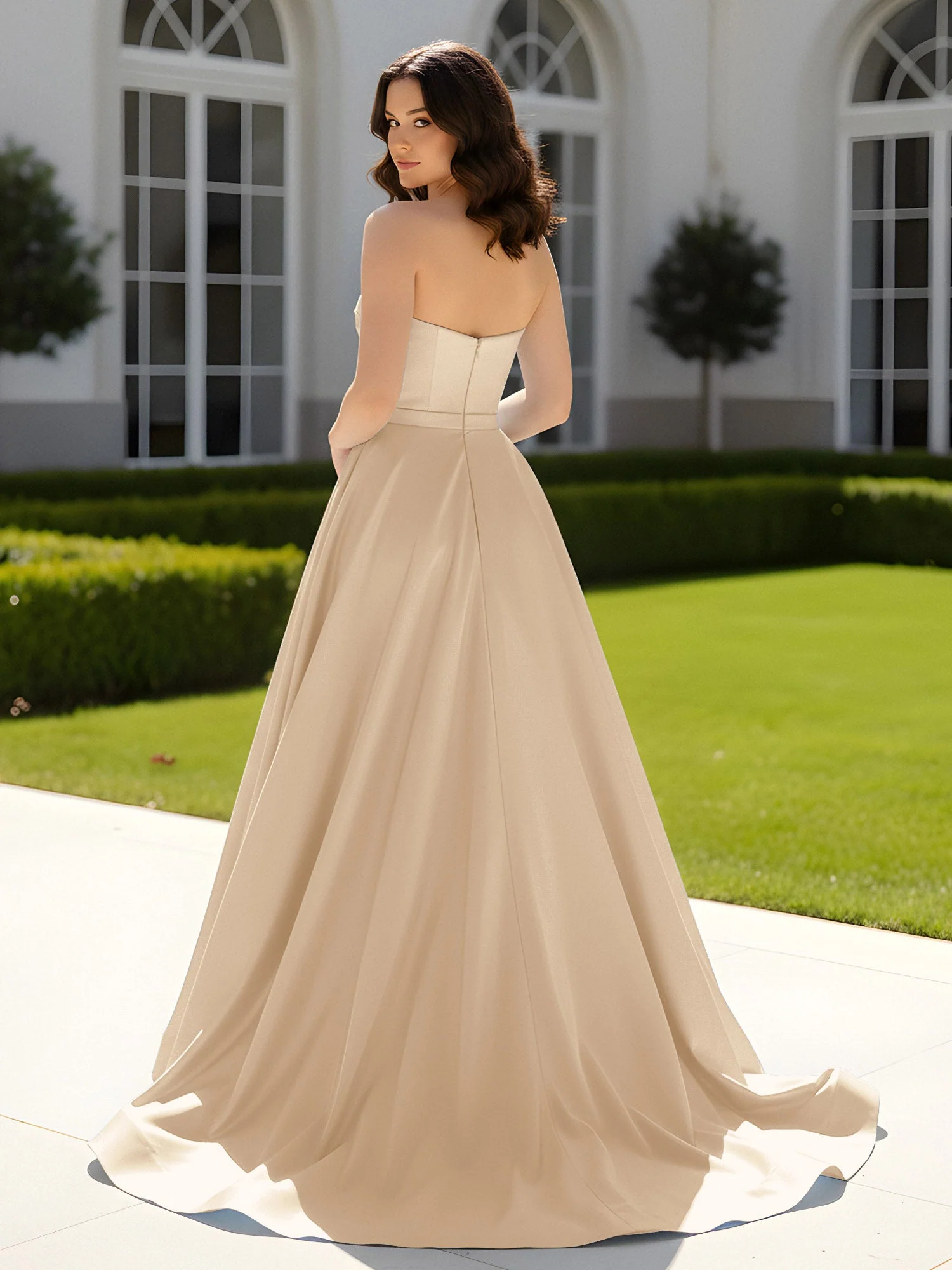Plissee Herzform Satin Ballkleid mit Schleppe Champagner - Image 2