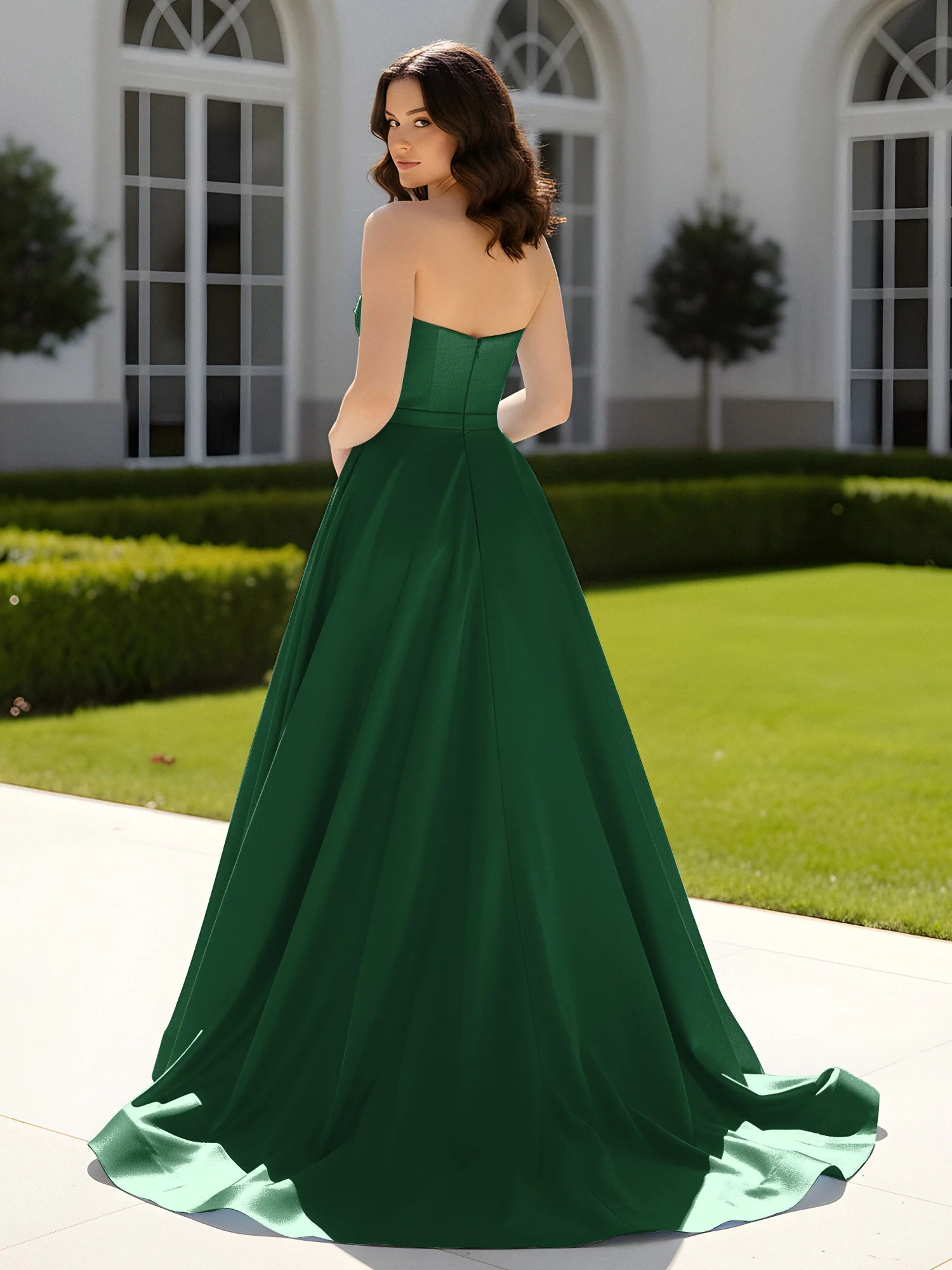 Plissee Herzform Satin Ballkleid mit Schleppe Dunkelgrün - Image 2