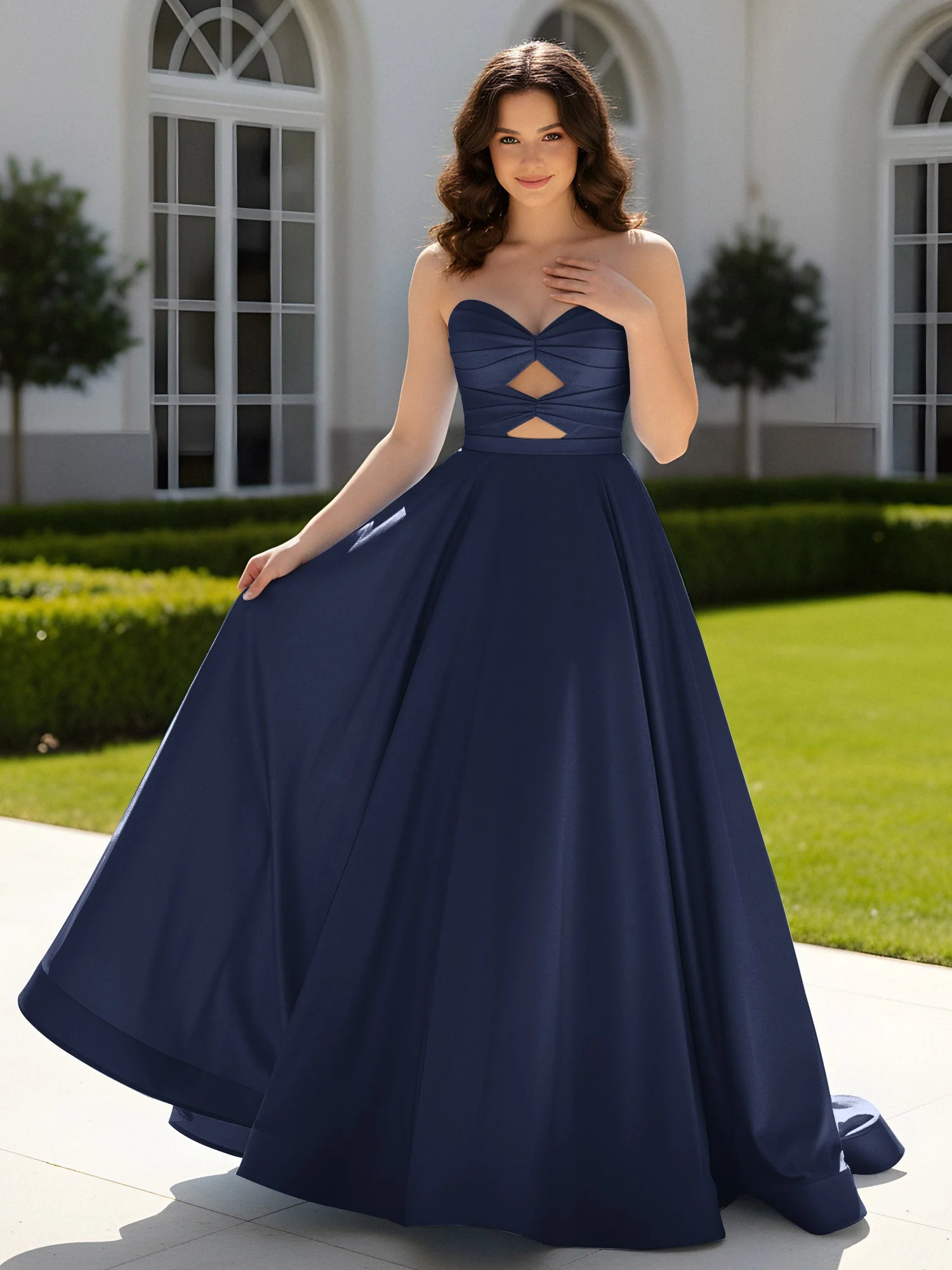 Plissee Herzform Satin Ballkleid mit Schleppe Dunkelmarine
