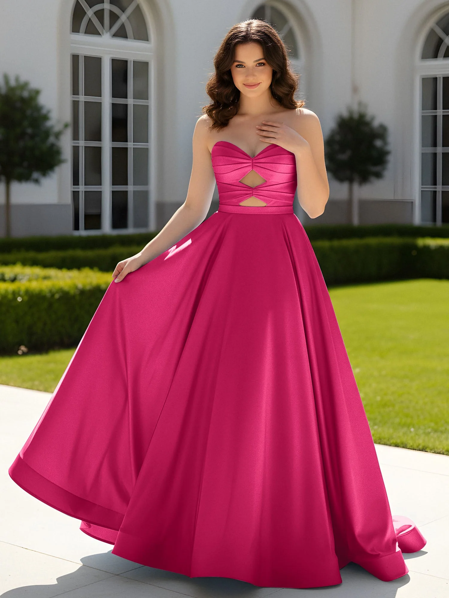 Plissee Herzform Satin Ballkleid mit Schleppe Fuchsia
