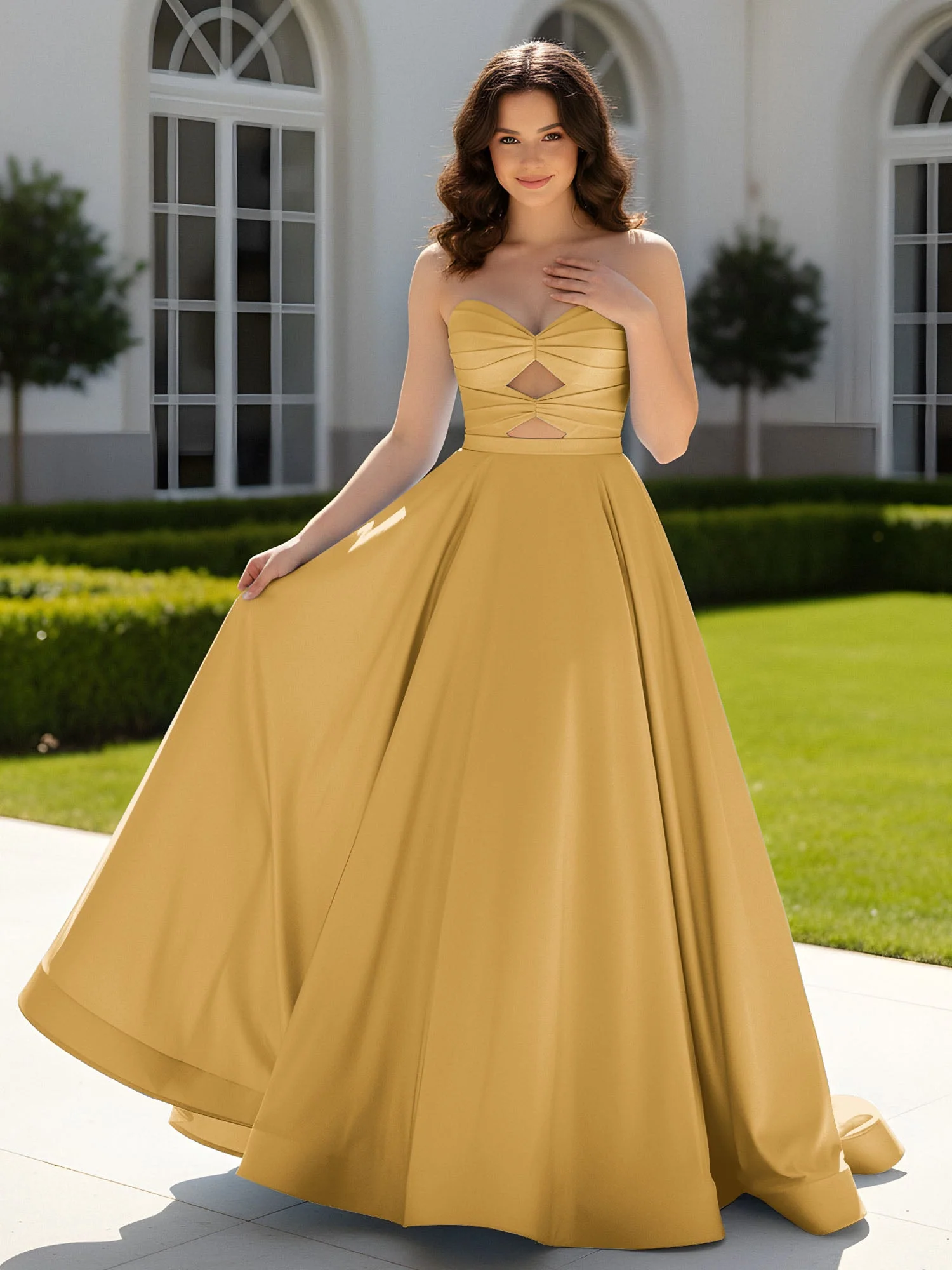 Plissee Herzform Satin Ballkleid mit Schleppe Gold