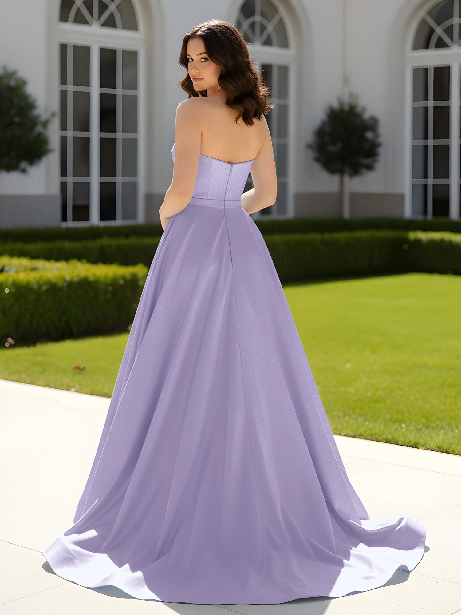 Plissee Herzform Satin Ballkleid mit Schleppe Lavendel - Image 2
