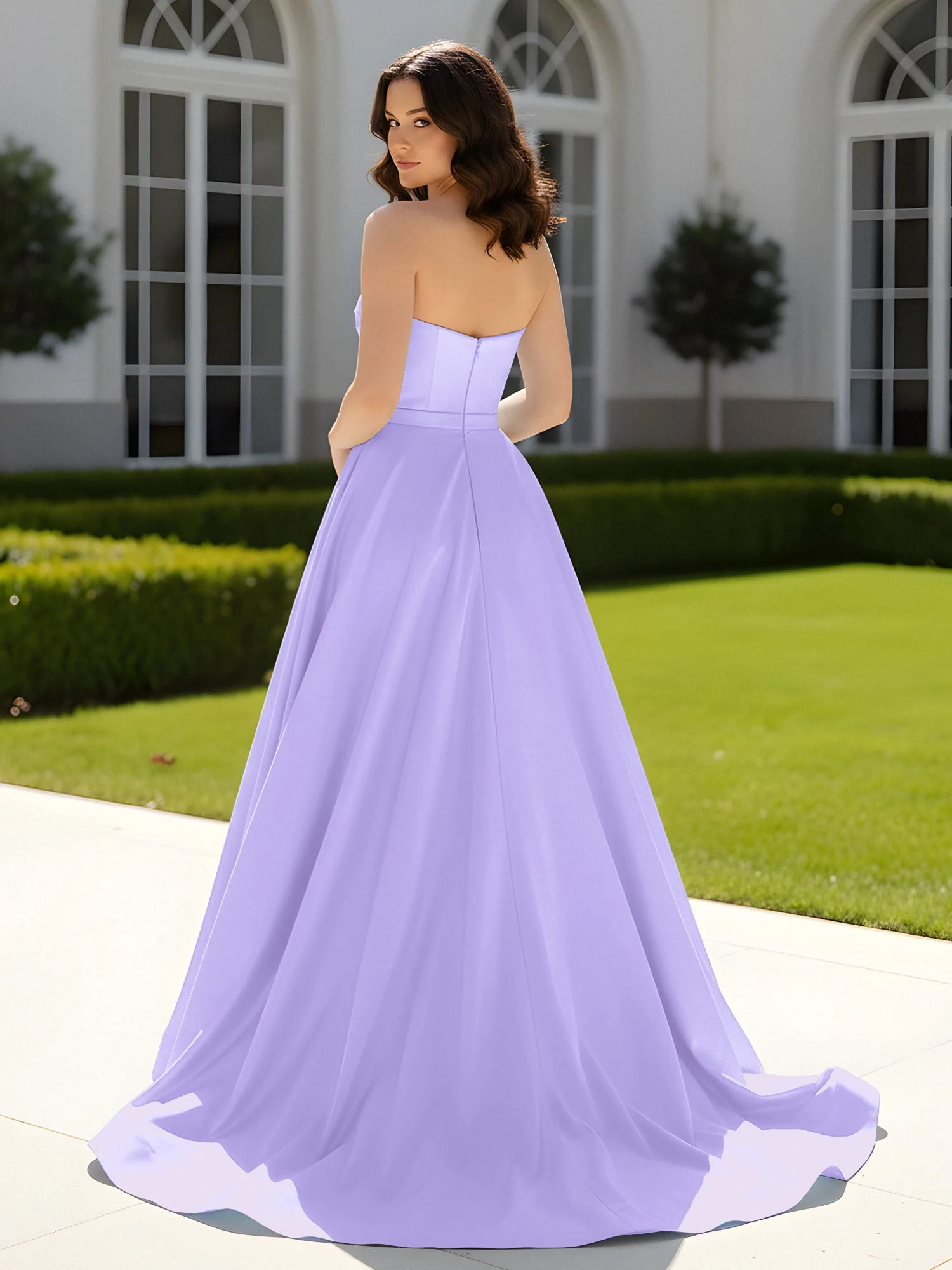 Plissee Herzform Satin Ballkleid mit Schleppe Lila - Image 2