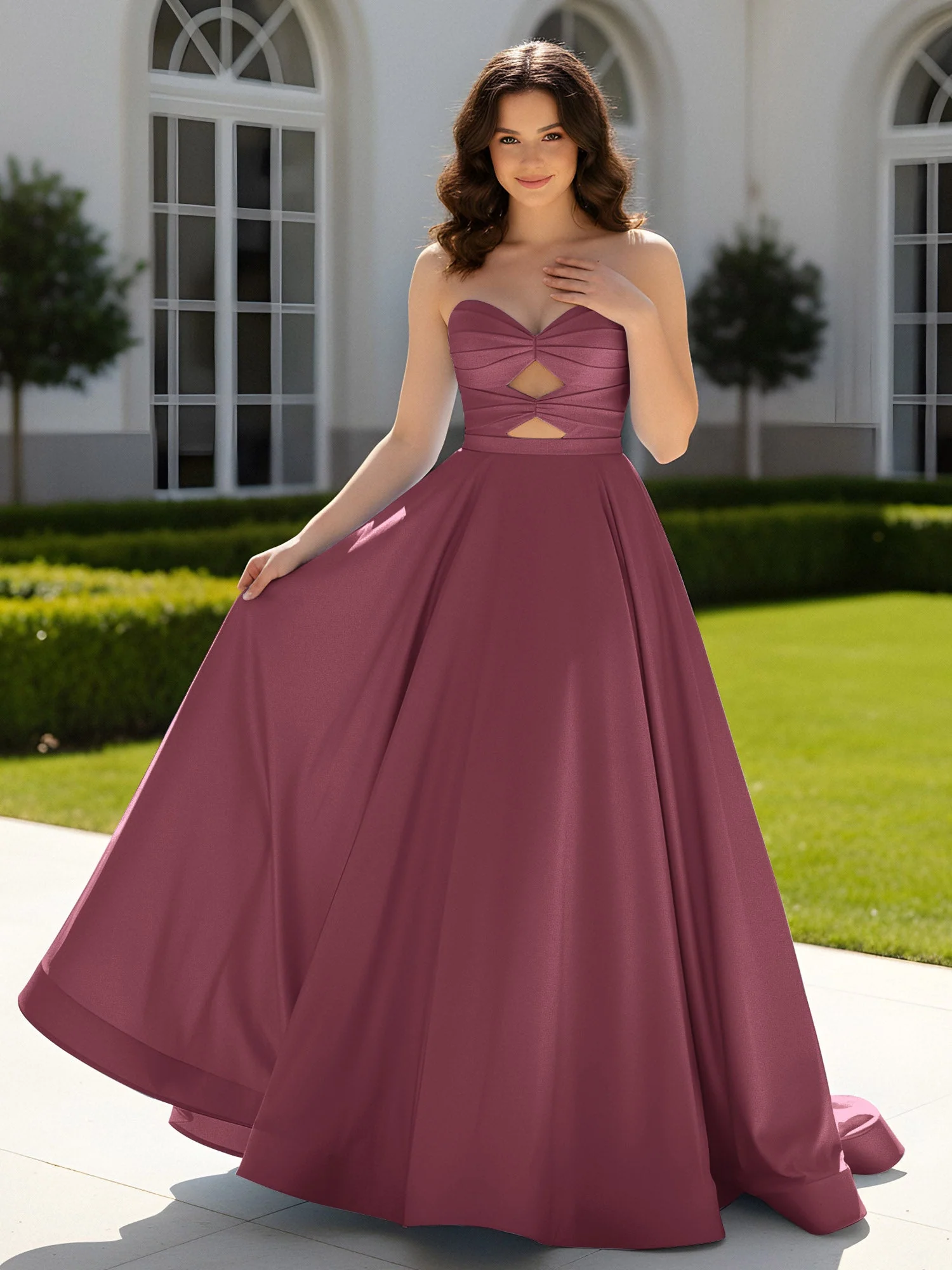 Plissee Herzform Satin Ballkleid mit Schleppe Maulbeere