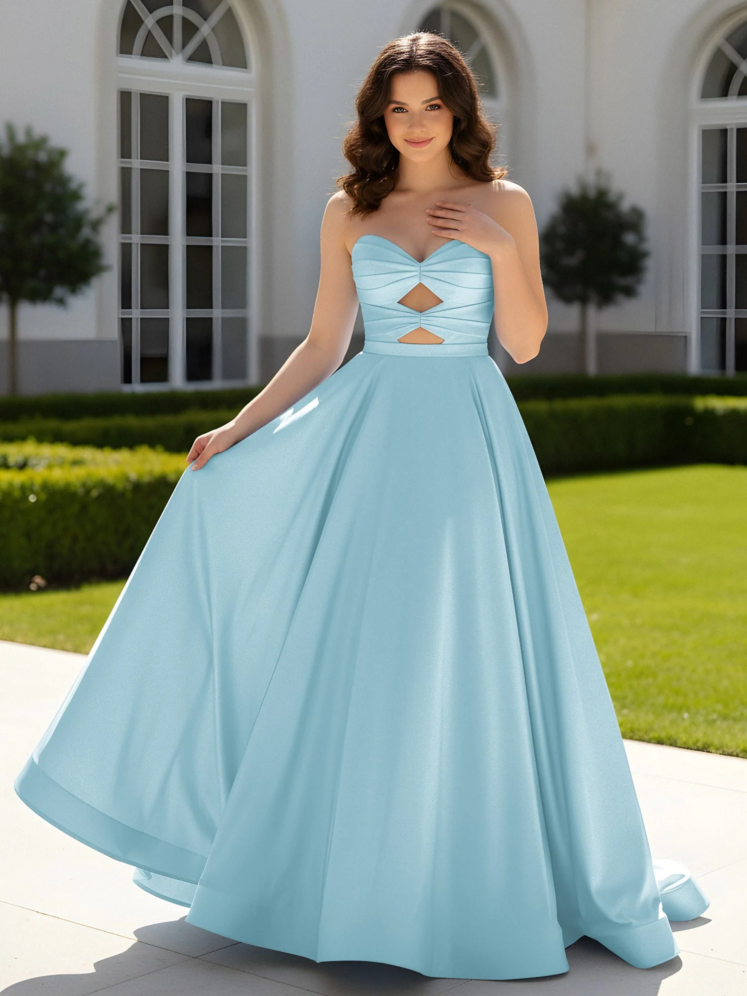 Plissee Herzform Satin Ballkleid mit Schleppe Nebel