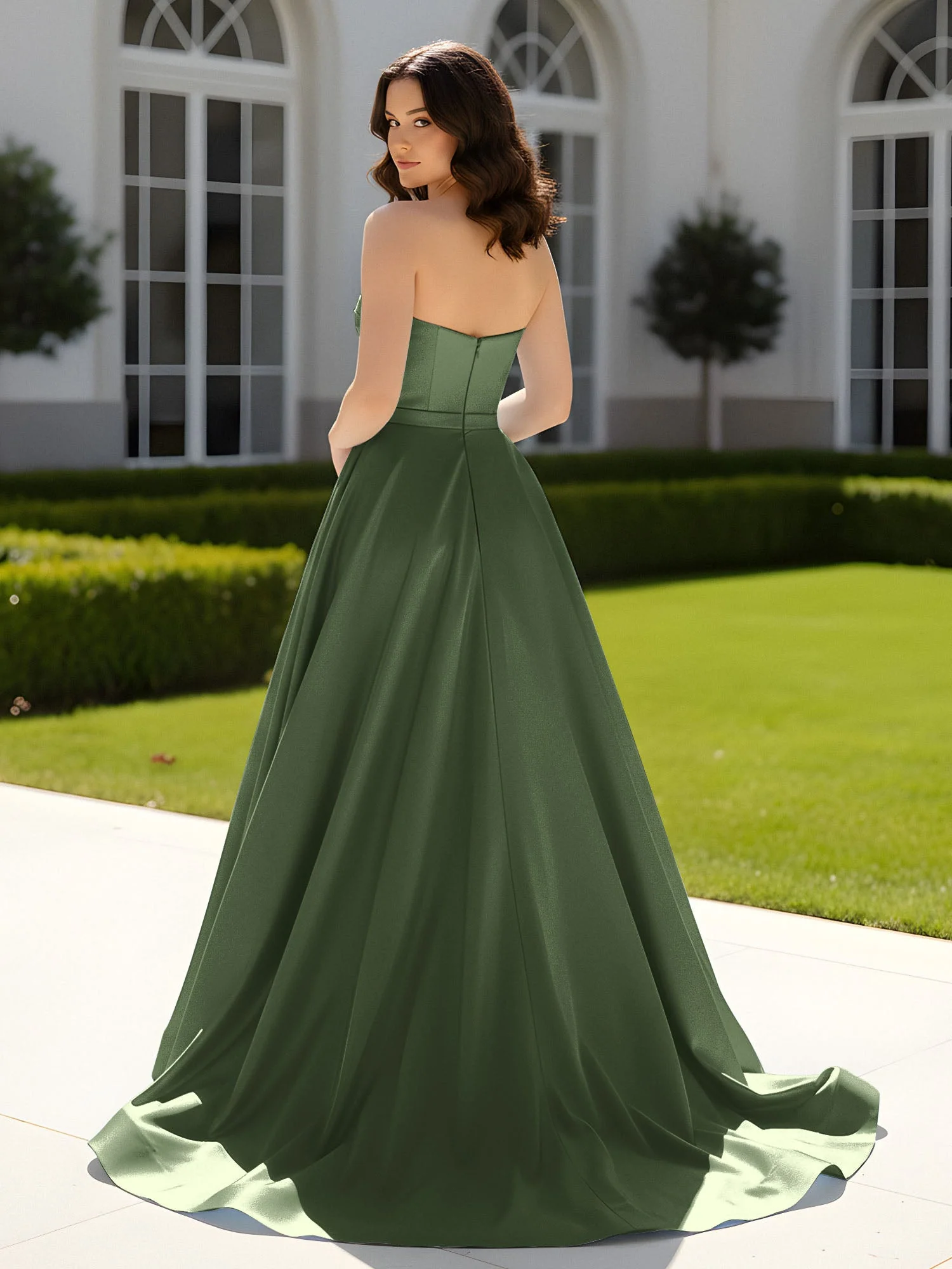 Plissee Herzform Satin Ballkleid mit Schleppe Olivgrün - Image 2