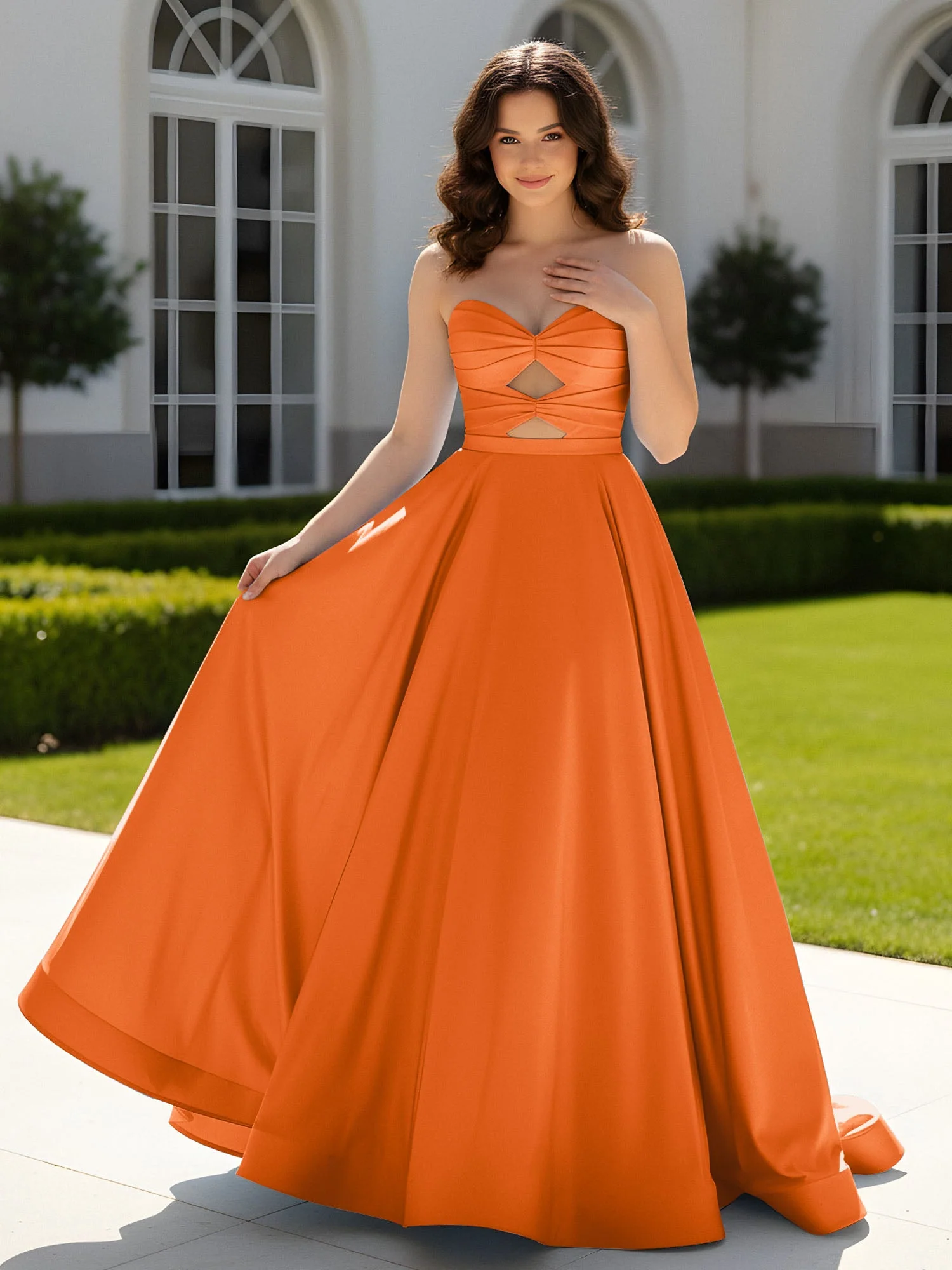 Plissee Herzform Satin Ballkleid mit Schleppe Orange