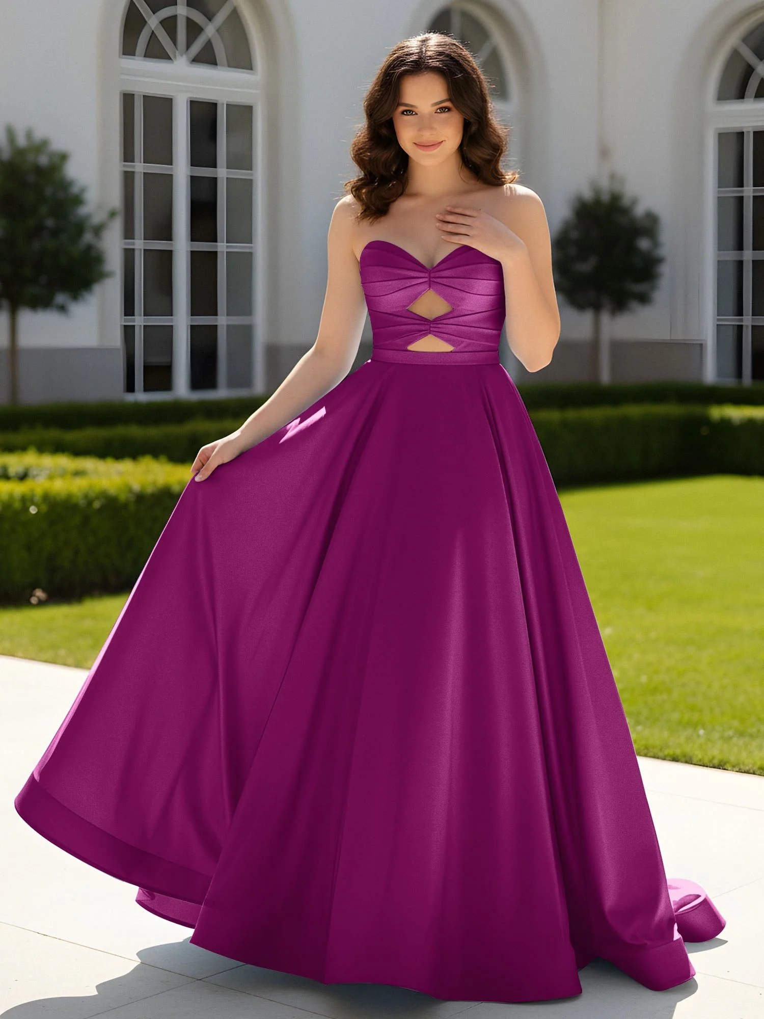 Plissee Herzform Satin Ballkleid mit Schleppe Orchidee