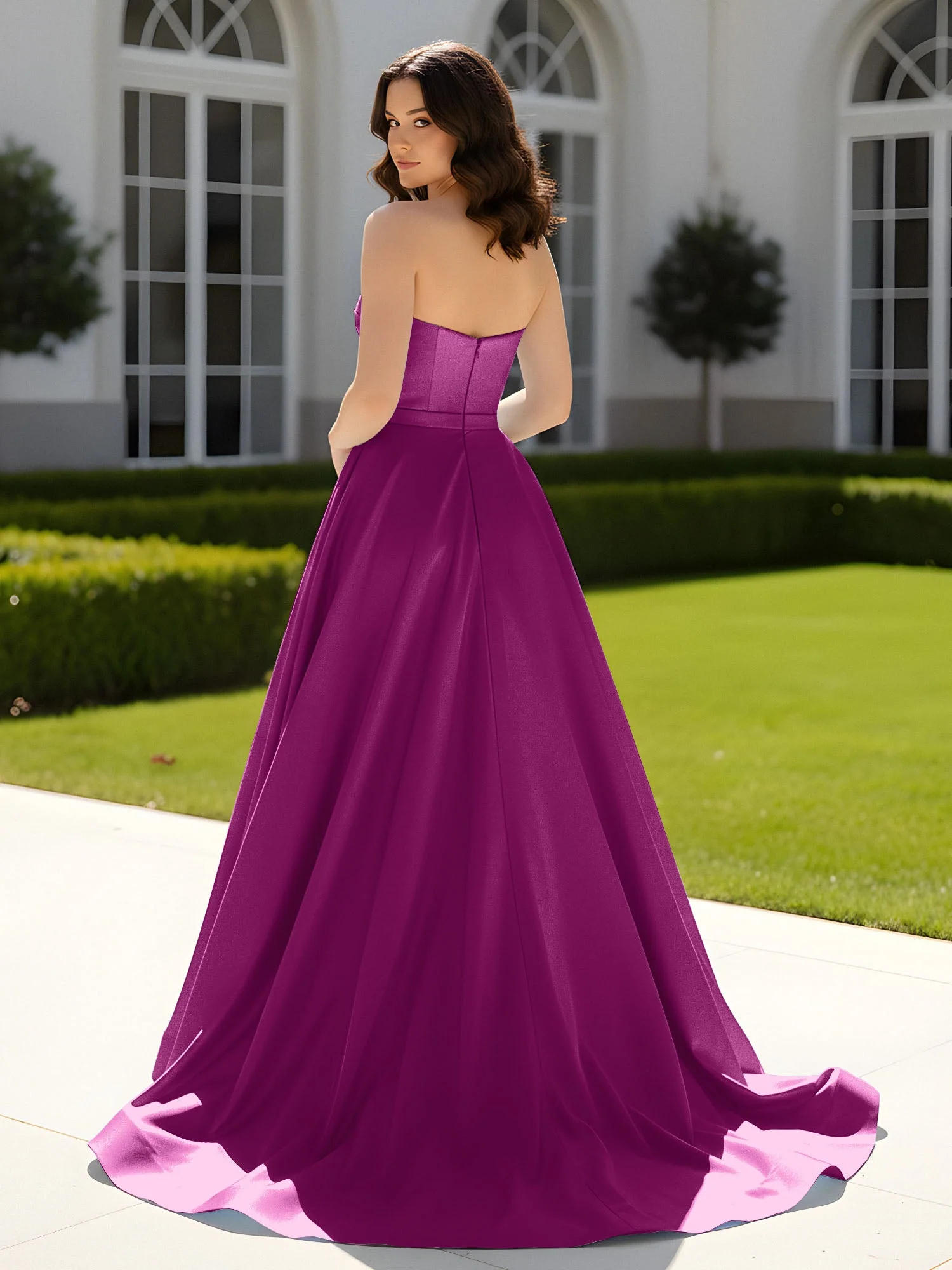 Plissee Herzform Satin Ballkleid mit Schleppe Orchidee - Image 2