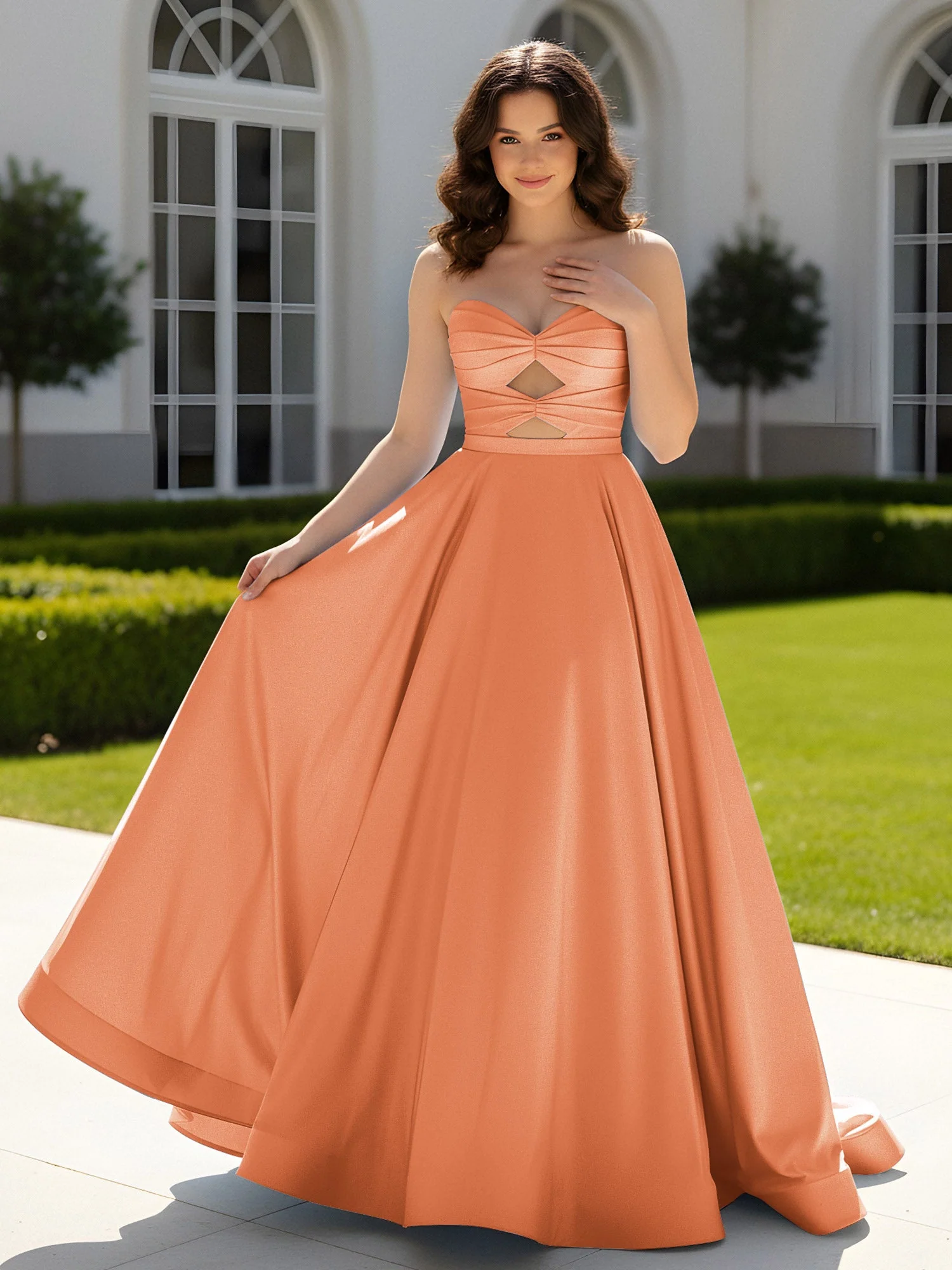 Plissee Herzform Satin Ballkleid mit Schleppe Papaya