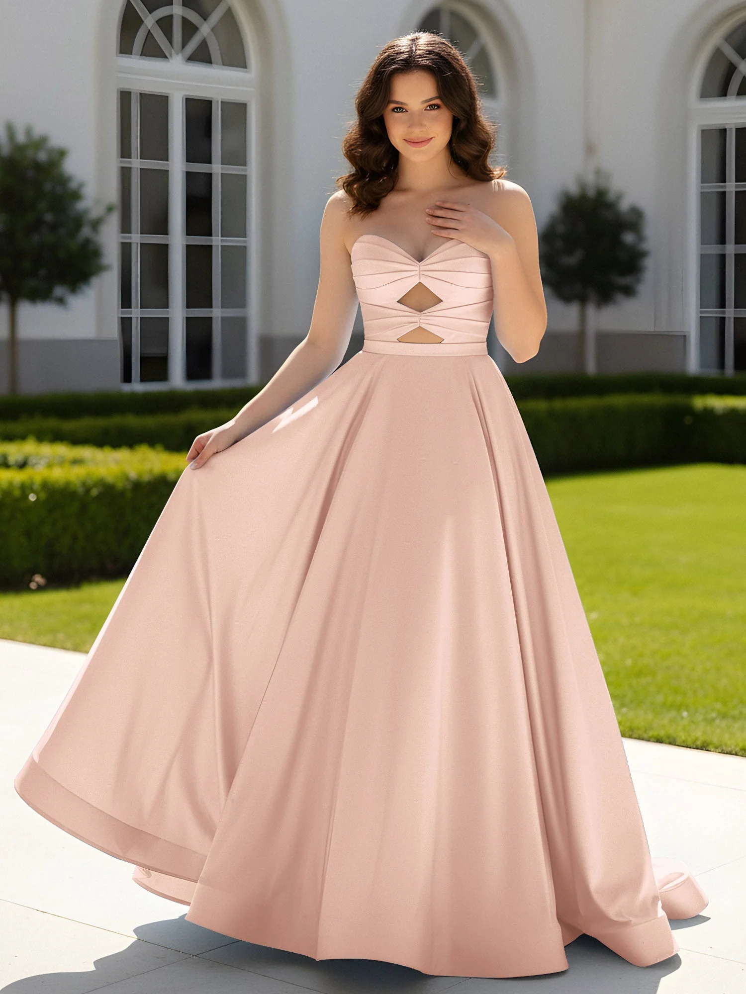 Plissee Herzform Satin Ballkleid mit Schleppe Perlrosa