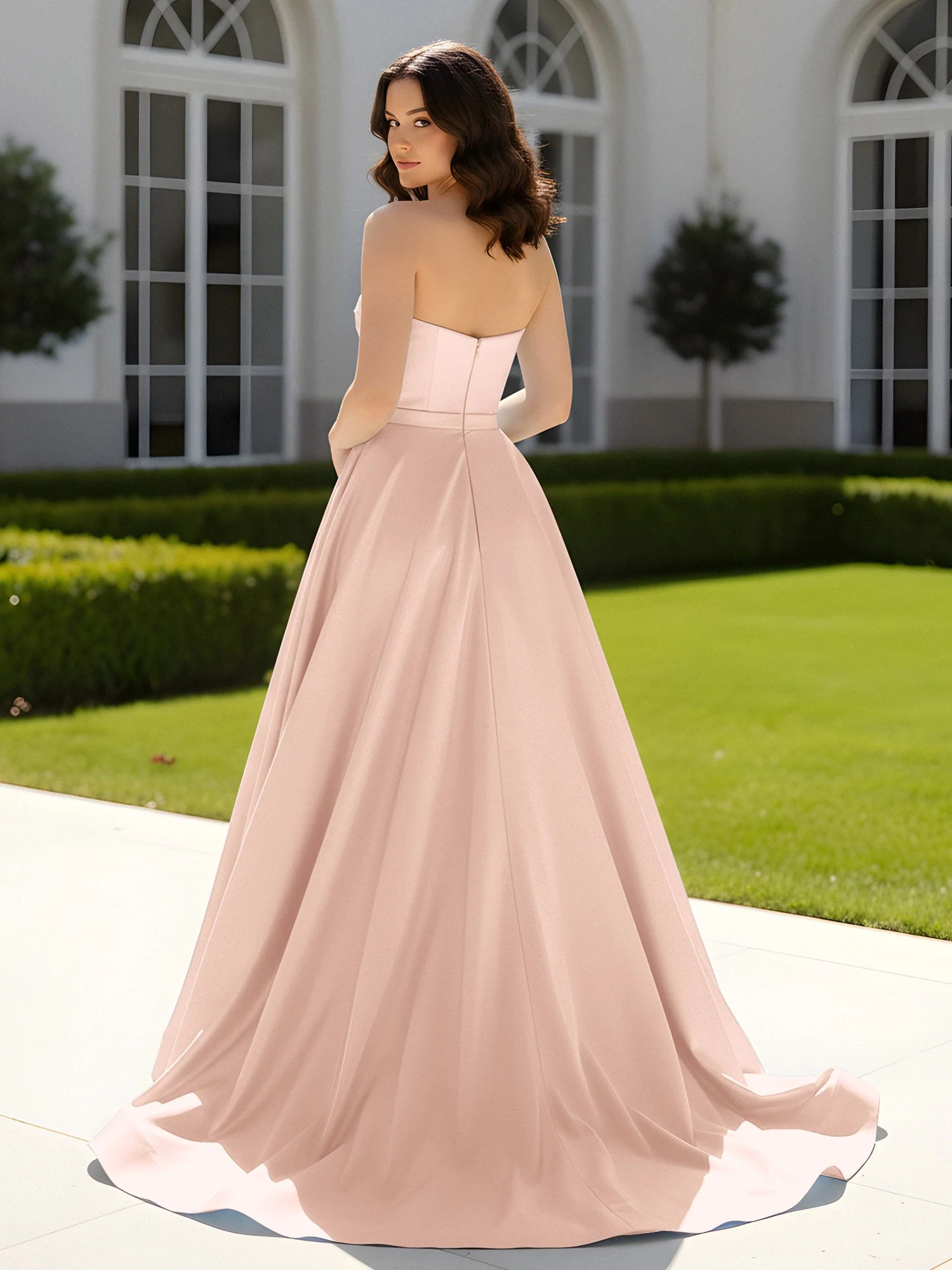 Plissee Herzform Satin Ballkleid mit Schleppe Perlrosa - Image 2