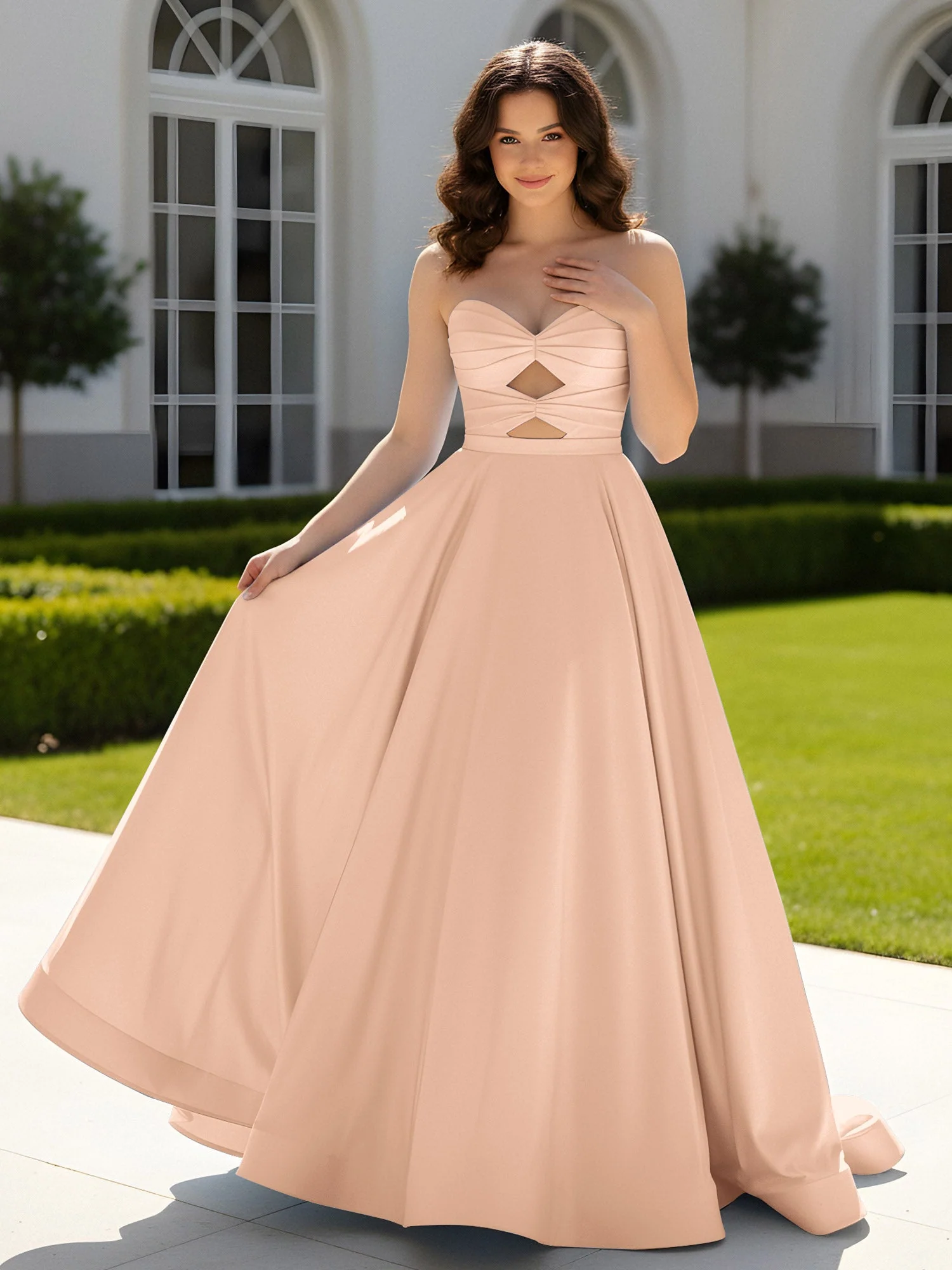 Plissee Herzform Satin Ballkleid mit Schleppe Pfirsich