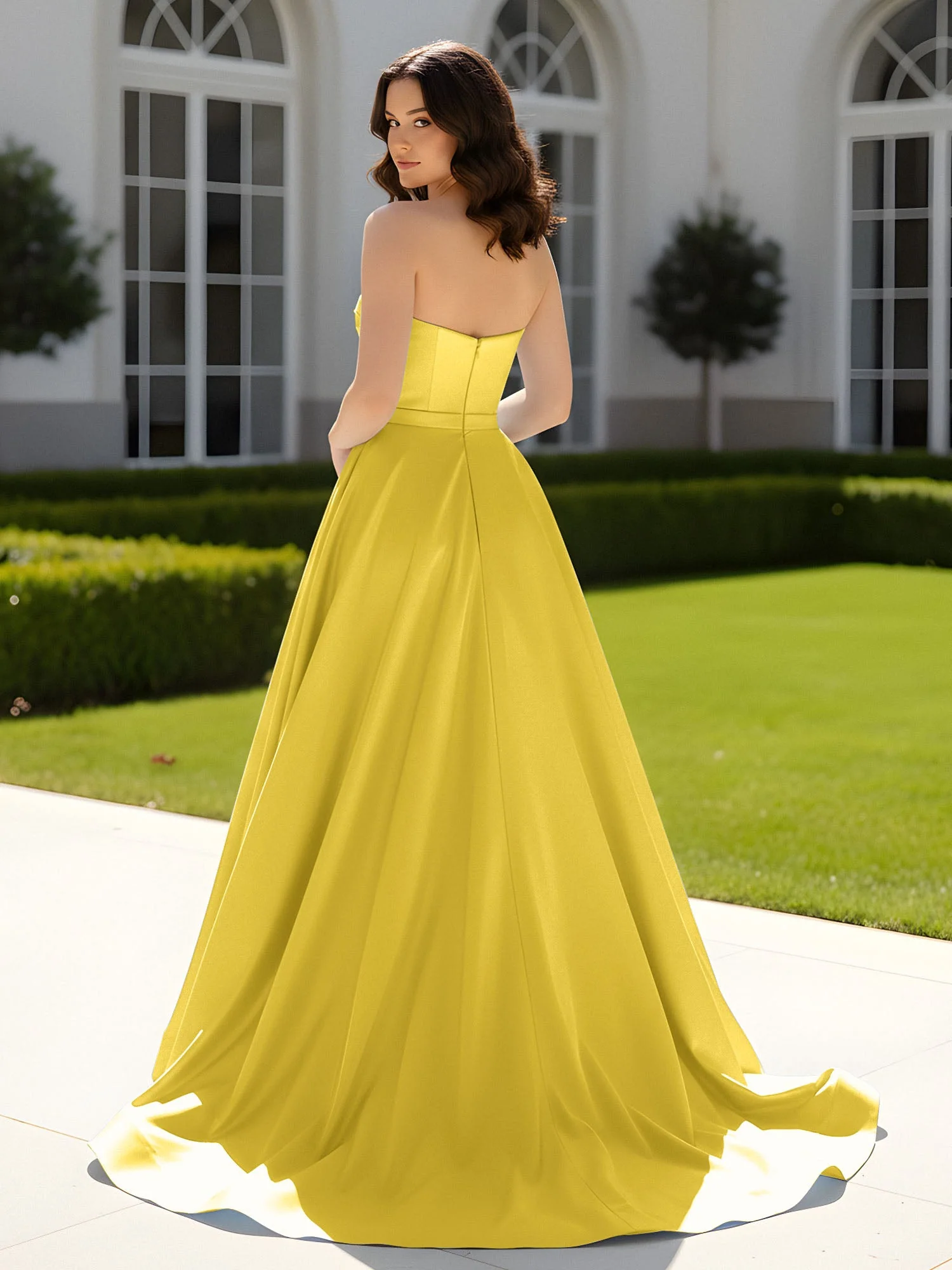 Plissee Herzform Satin Ballkleid mit Schleppe Ringelblume - Image 2