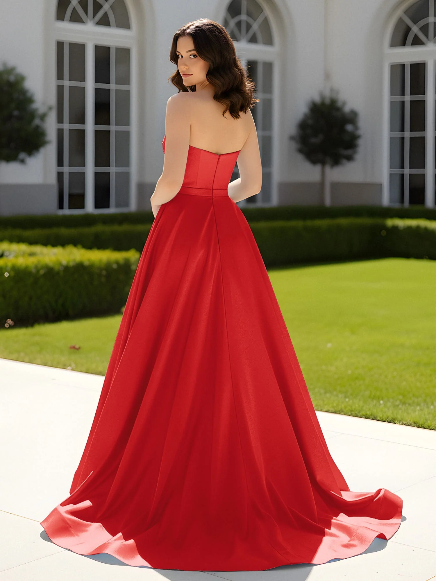 Plissee Herzform Satin Ballkleid mit Schleppe Rot - Image 2