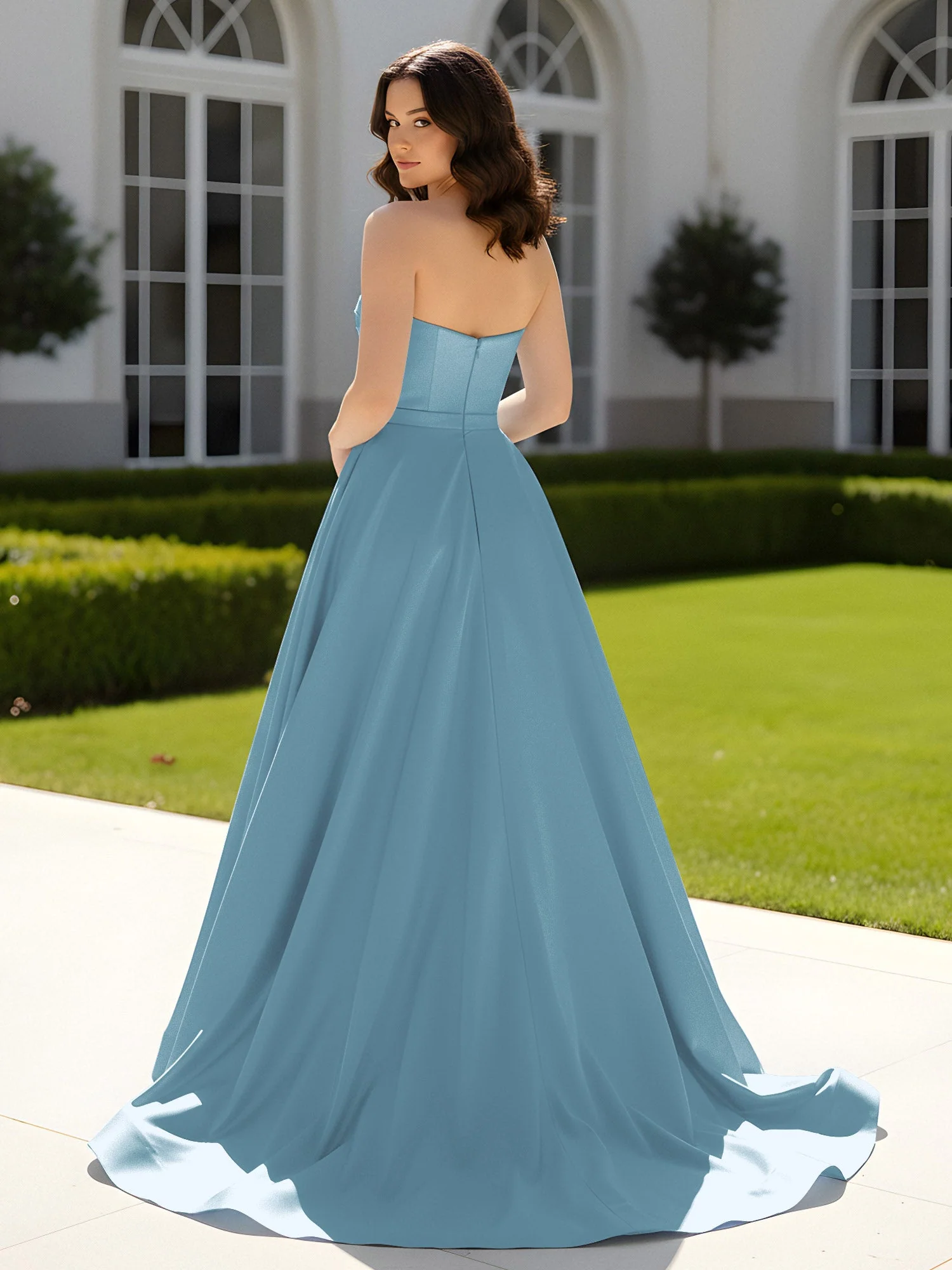 Plissee Herzform Satin Ballkleid mit Schleppe Schiefer Blau - Image 2