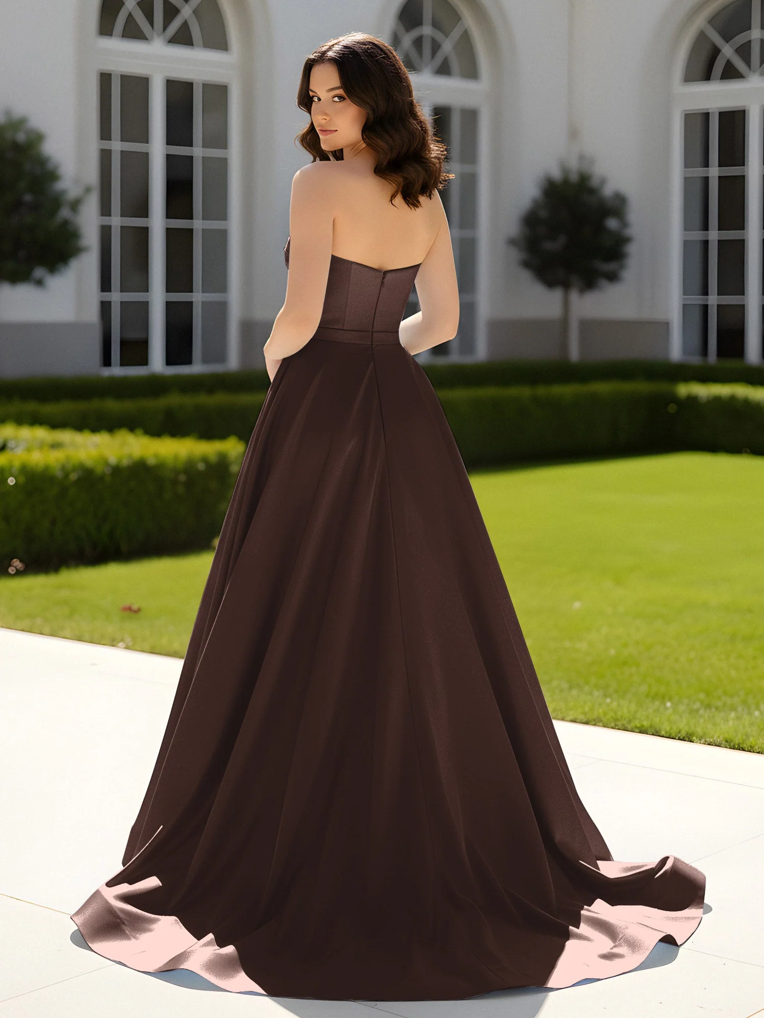 Plissee Herzform Satin Ballkleid mit Schleppe Schokolade - Image 2