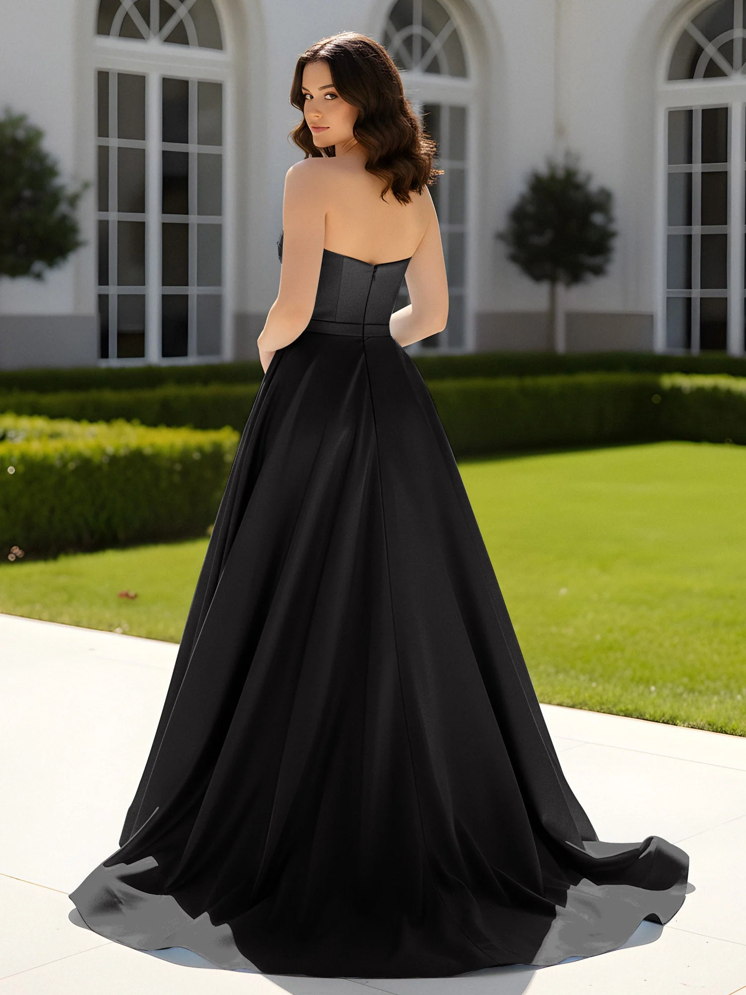 Plissee Herzform Satin Ballkleid mit Schleppe Schwarz - Image 2