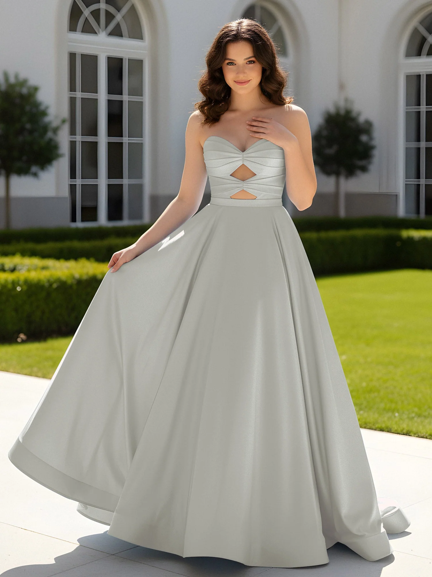 Plissee Herzform Satin Ballkleid mit Schleppe Silber