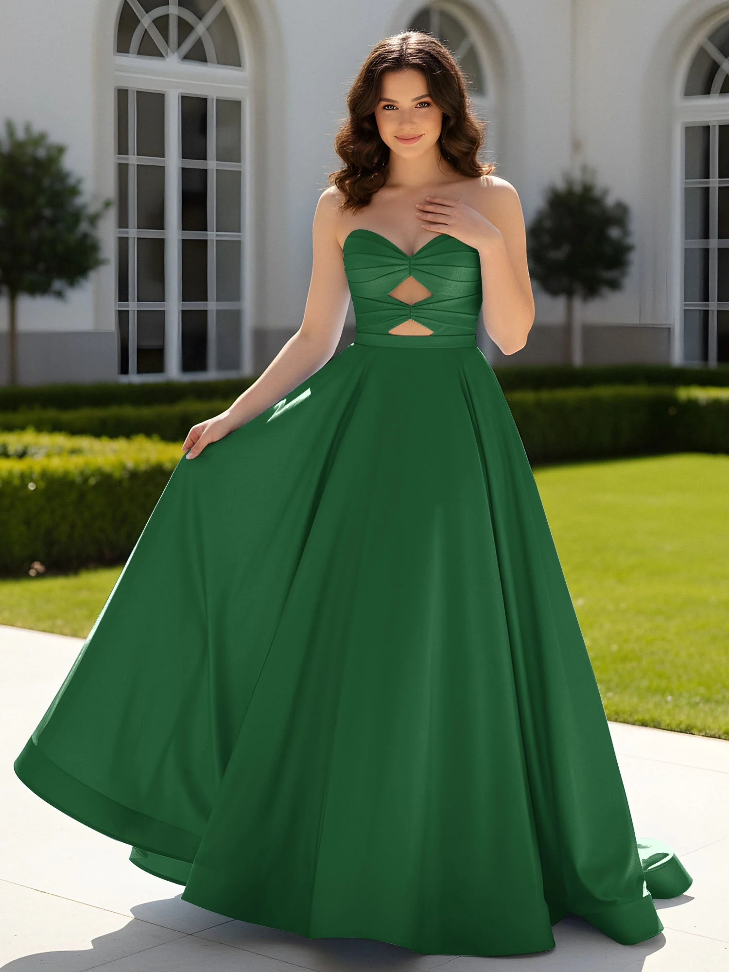 Plissee Herzform Satin Ballkleid mit Schleppe Smaragd