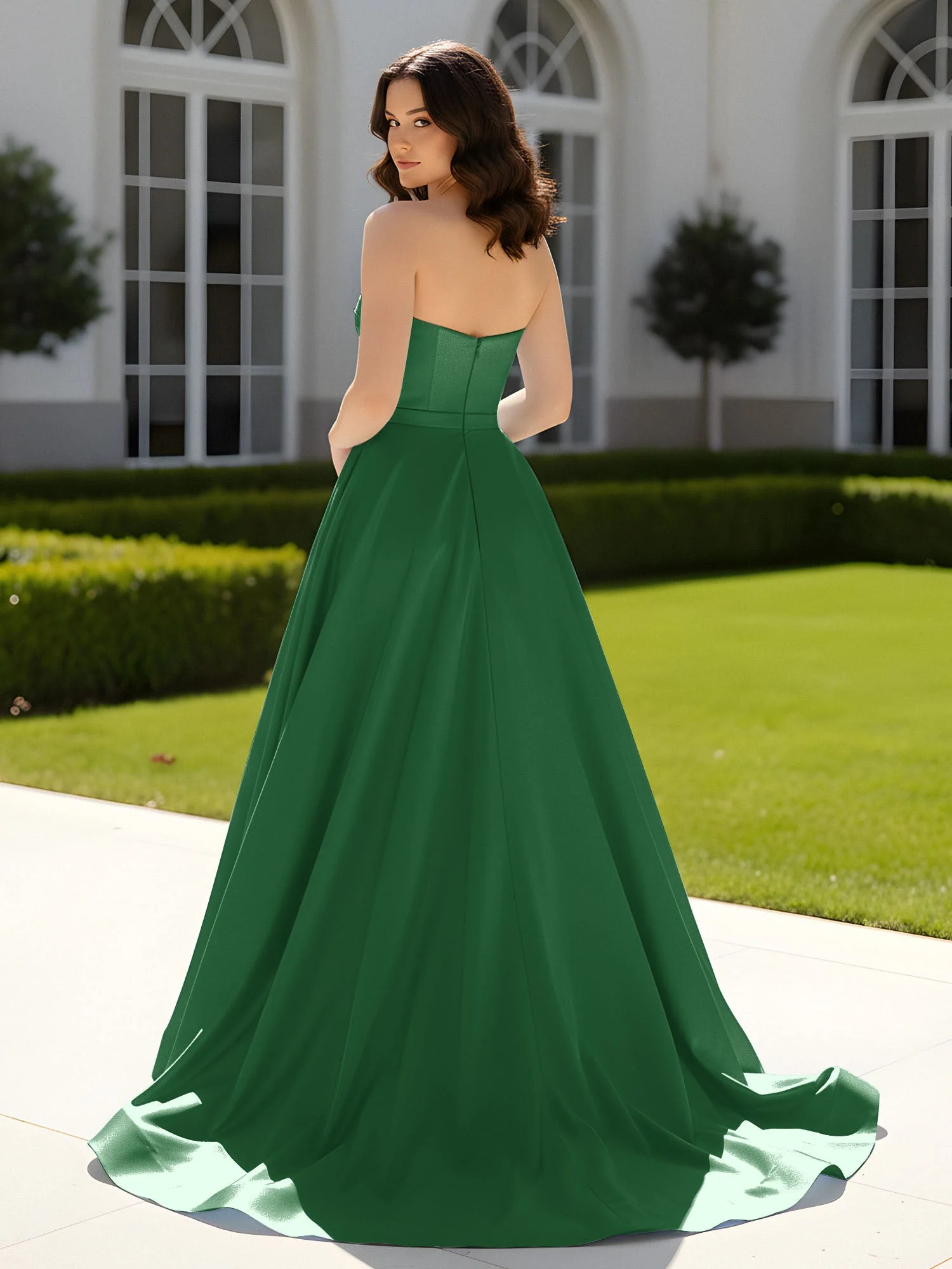 Plissee Herzform Satin Ballkleid mit Schleppe Smaragd - Image 2