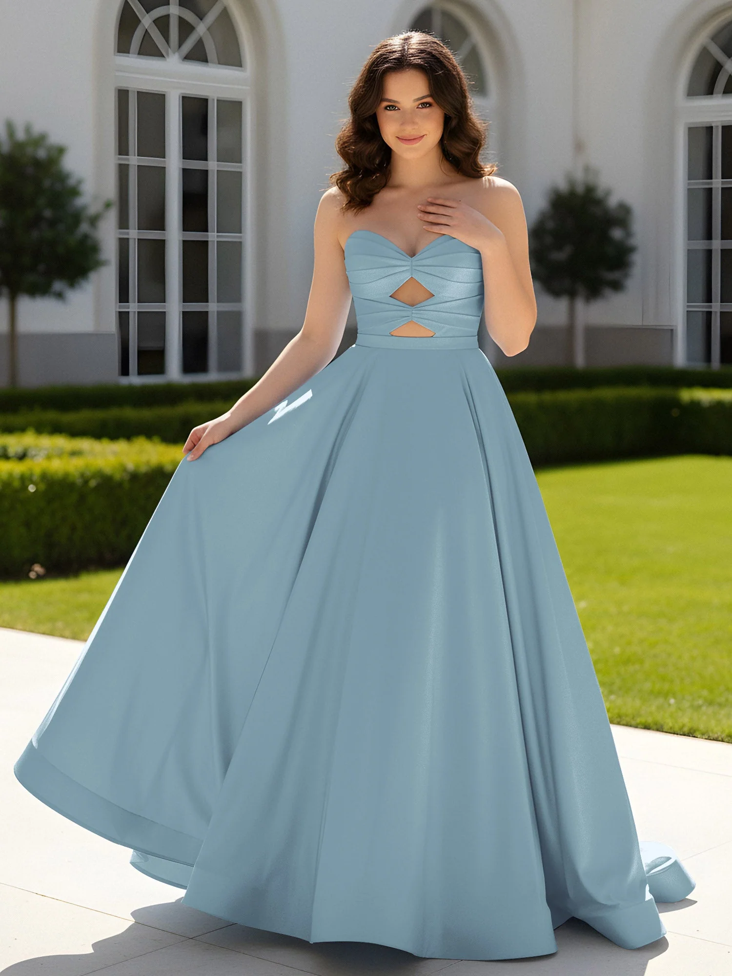 Plissee Herzform Satin Ballkleid mit Schleppe Staubiges Blau