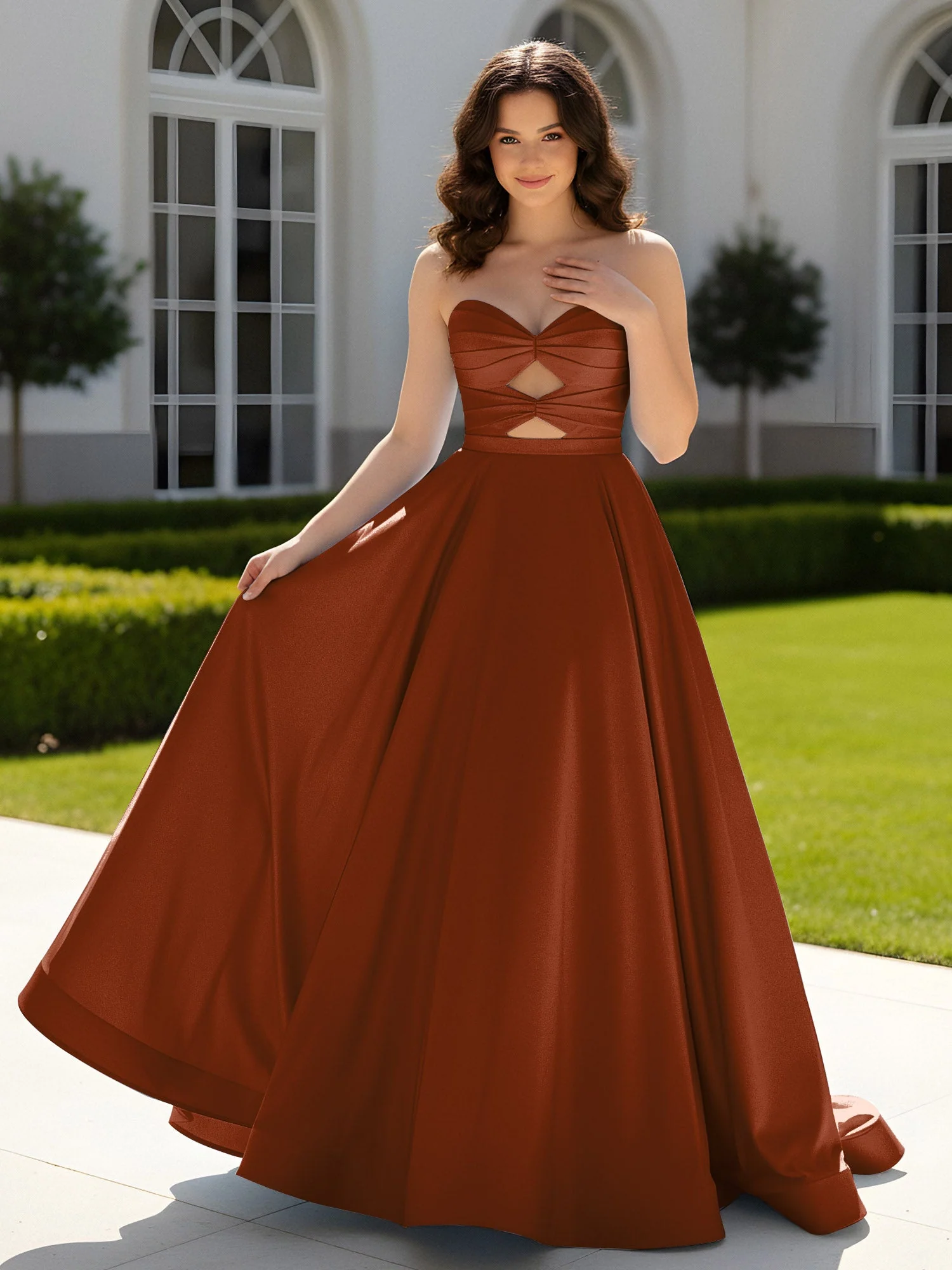 Plissee Herzform Satin Ballkleid mit Schleppe Terrakotta