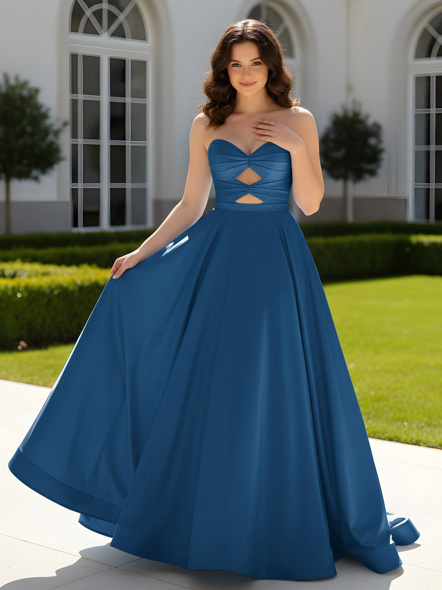 Plissee Herzform Satin Ballkleid mit Schleppe Tinte Blau