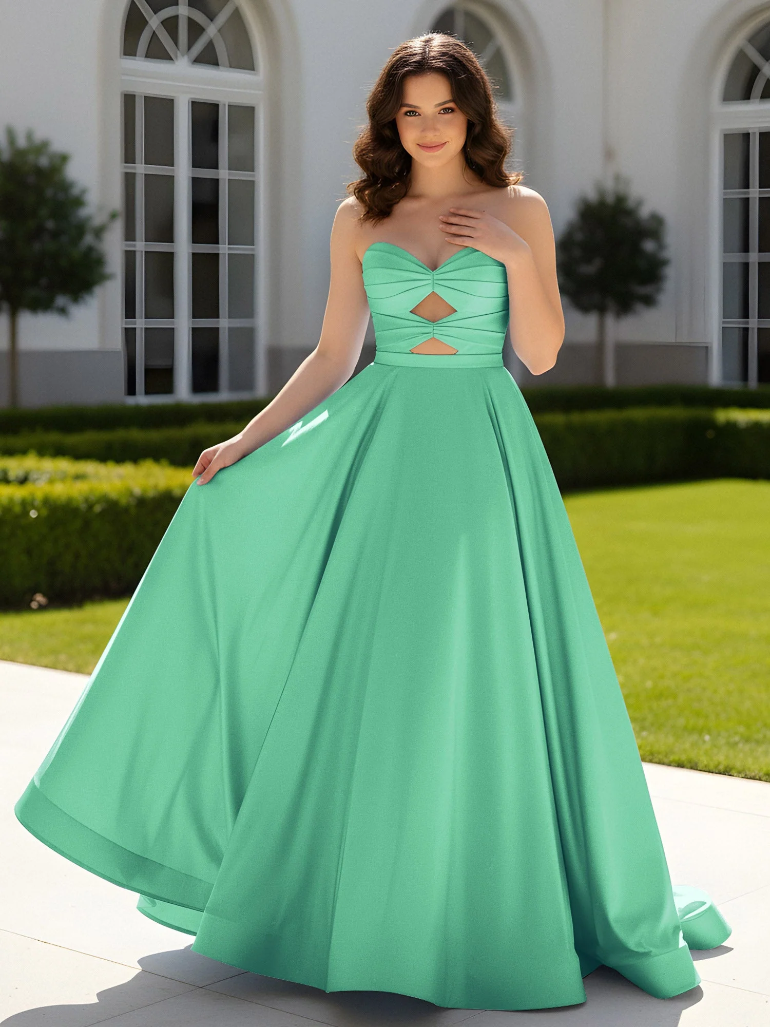 Plissee Herzform Satin Ballkleid mit Schleppe Türkis