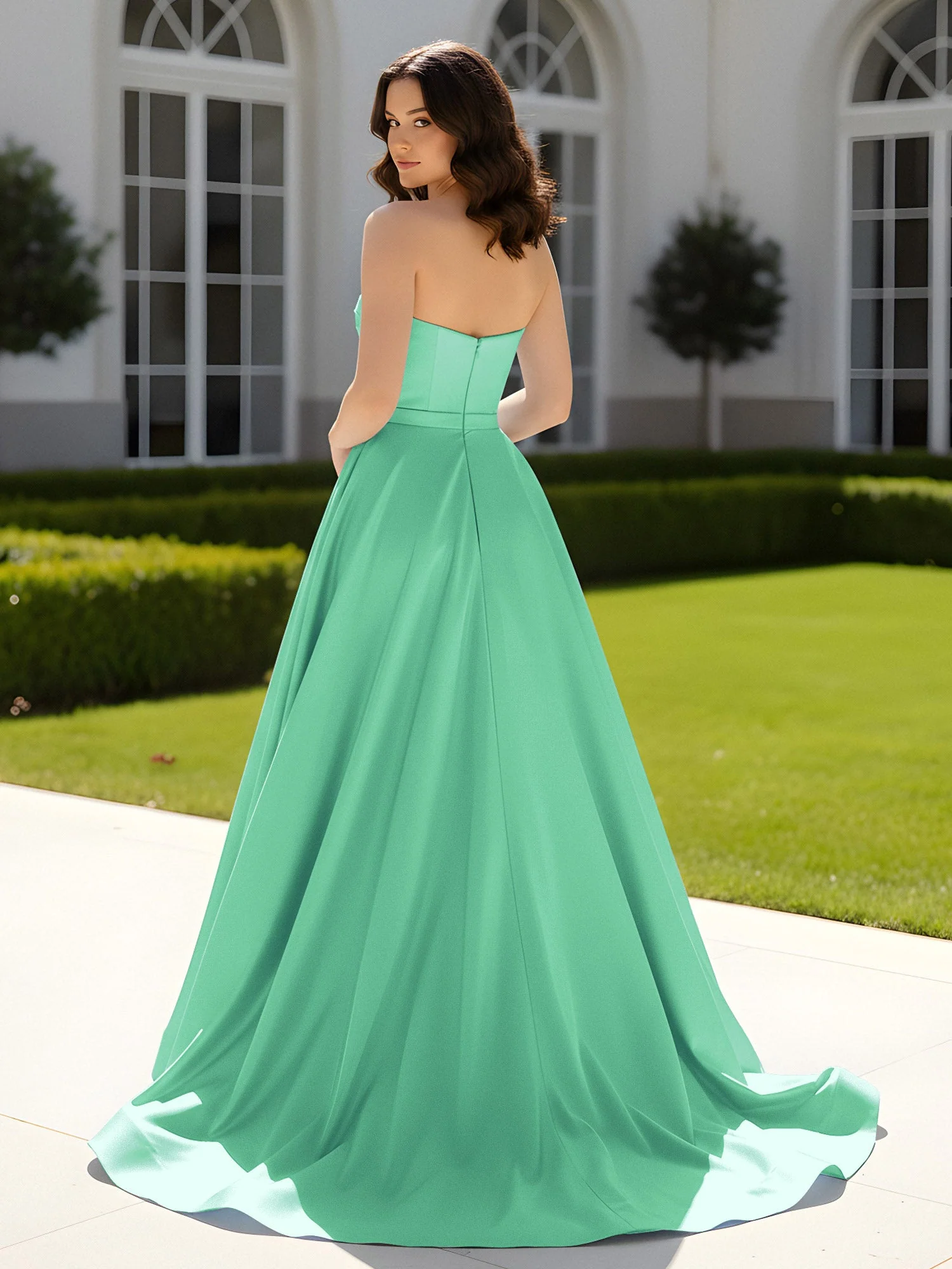 Plissee Herzform Satin Ballkleid mit Schleppe Türkis - Image 2