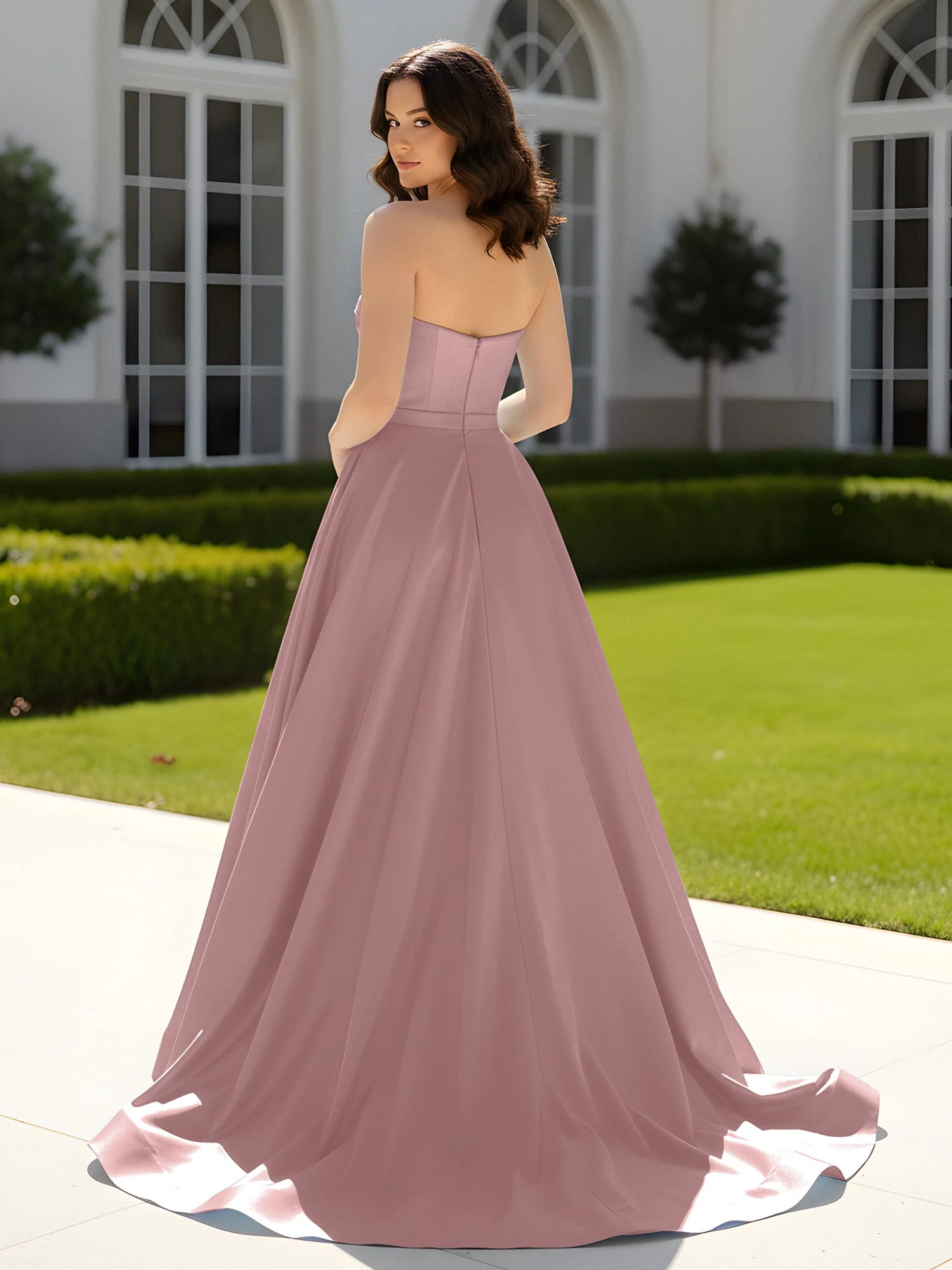 Plissee Herzform Satin Ballkleid mit Schleppe Vintage Mauve - Image 2