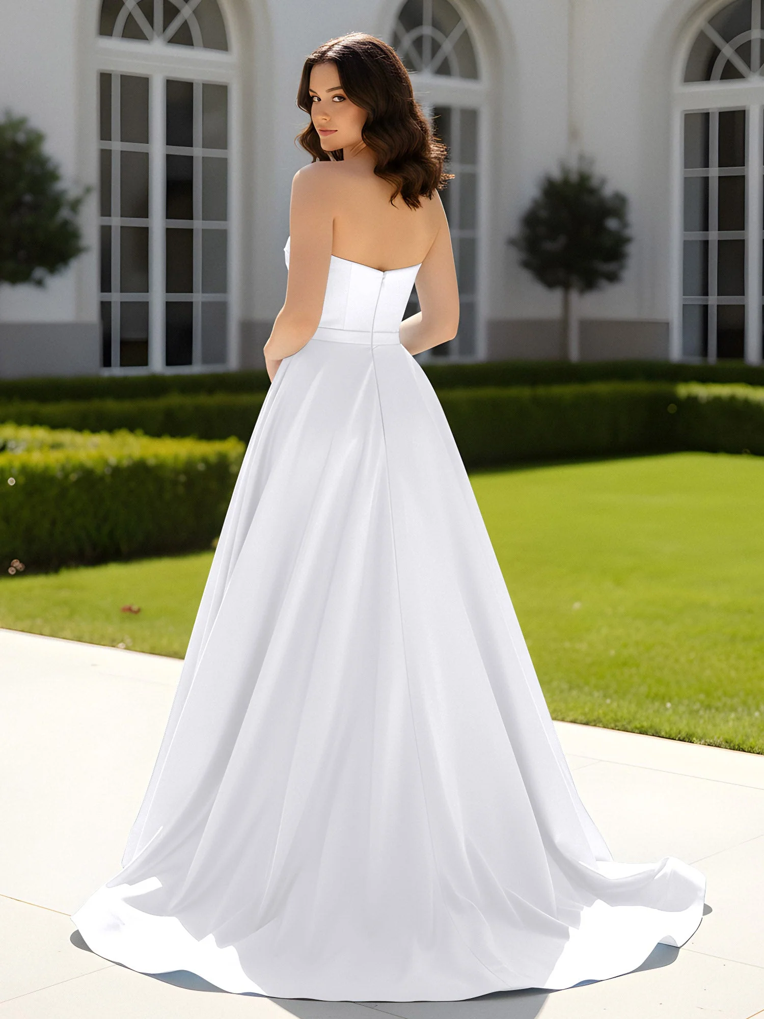Plissee Herzform Satin Ballkleid mit Schleppe Weiß - Image 2
