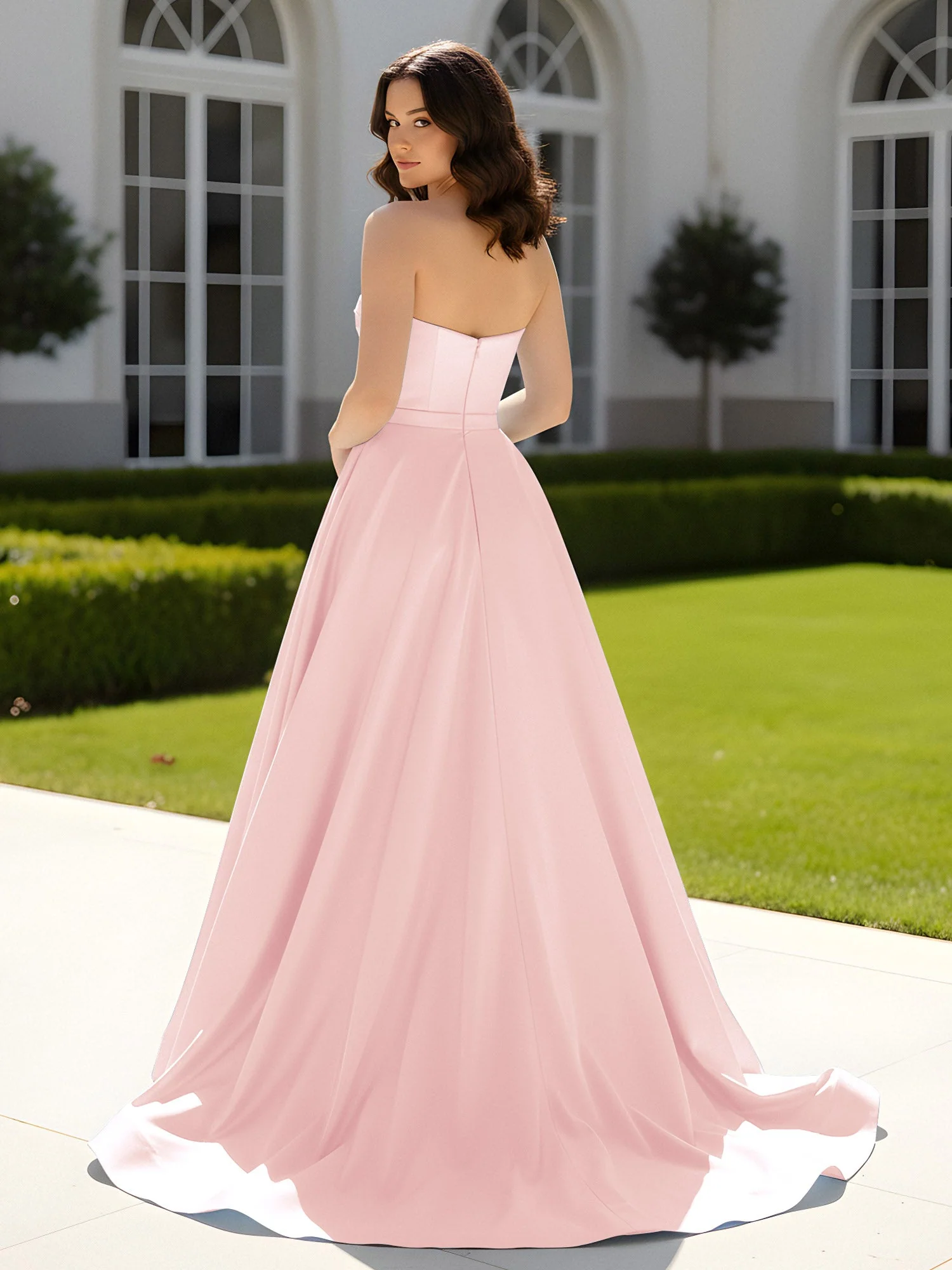 Plissee Herzform Satin Ballkleid mit Schleppe Zartrosa - Image 2