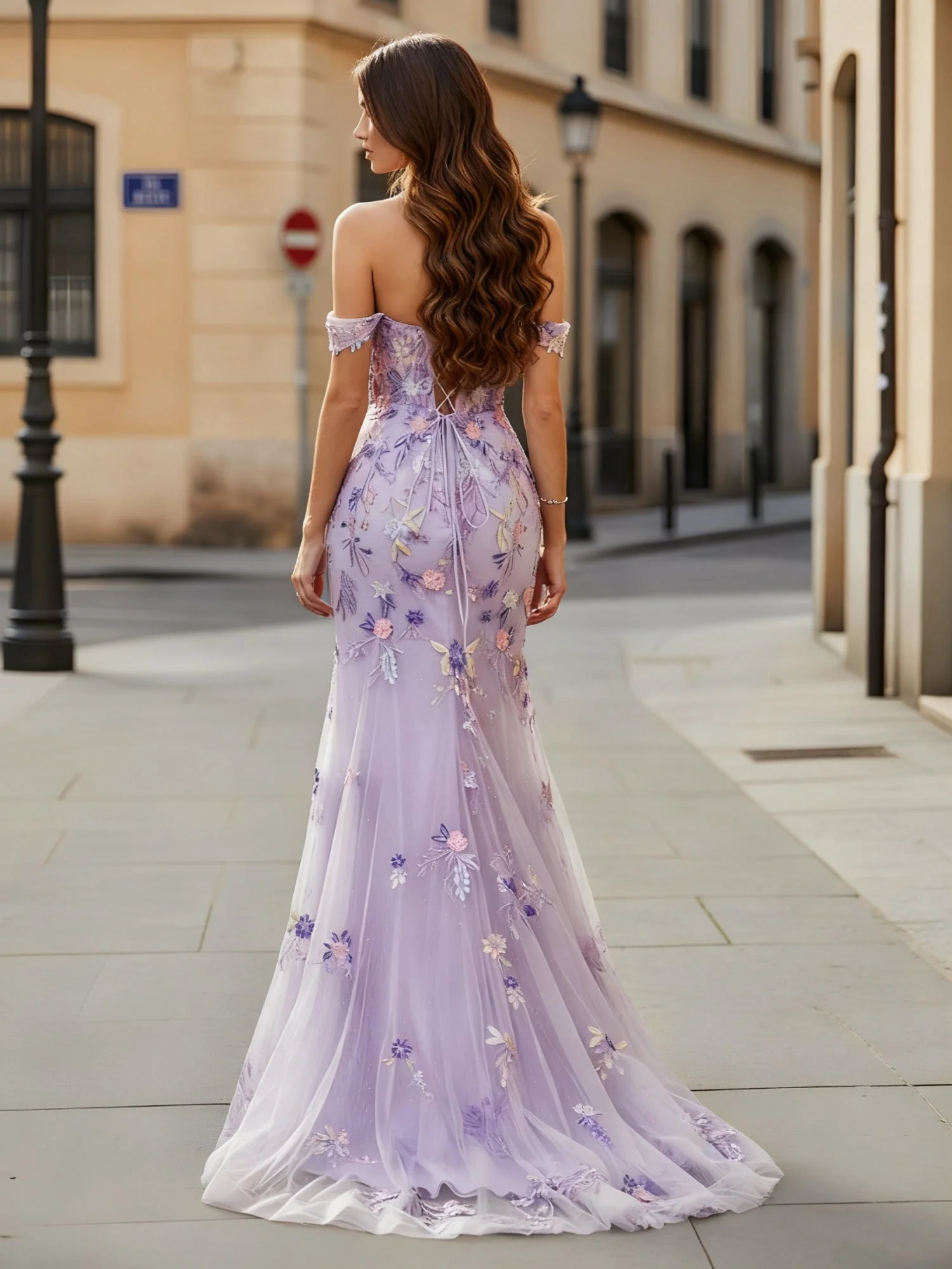 Schulterfrei Meerjungfrau Applique Kleid mit Schlitz Lila - Image 2